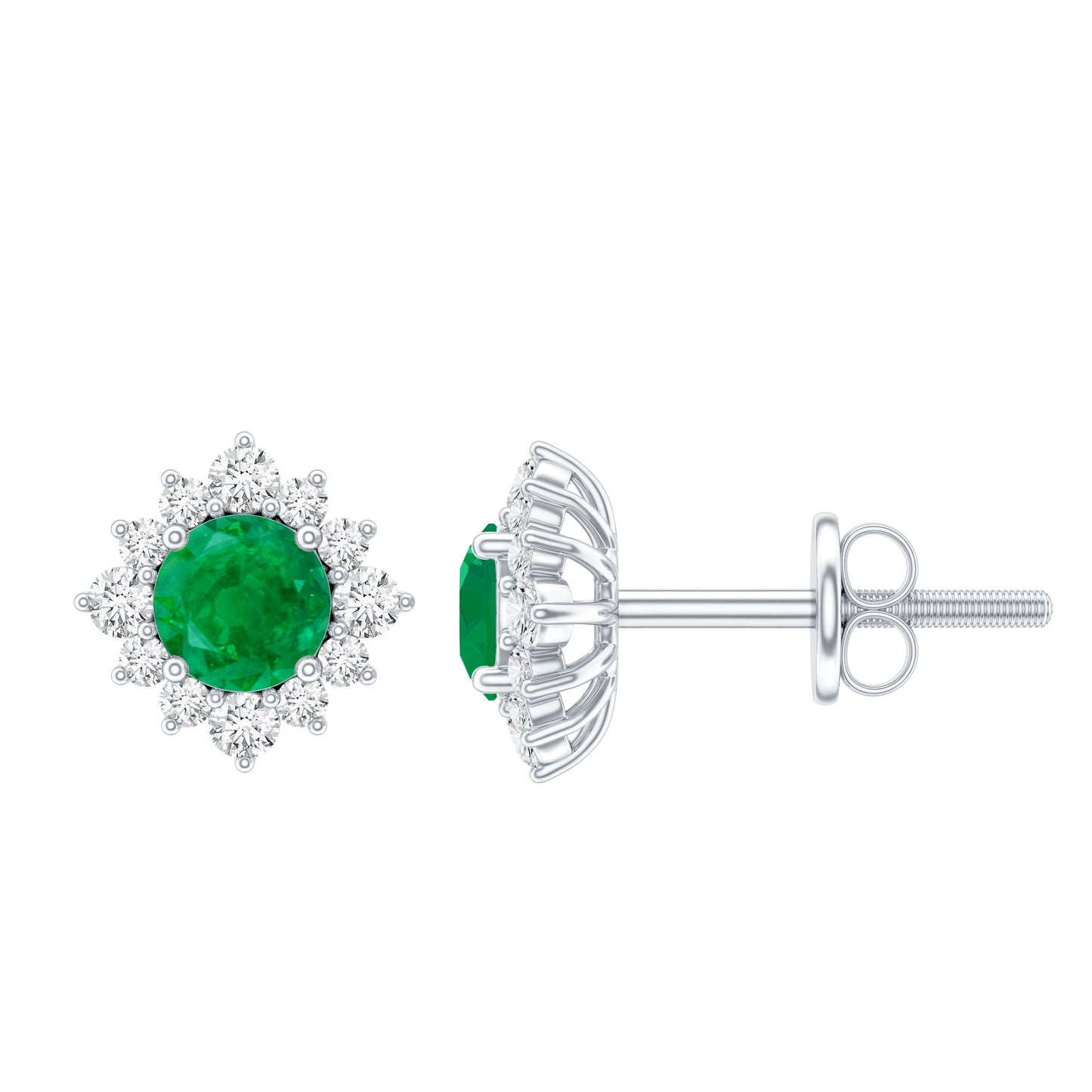 Real Emerald Stud Earrings with Diamond Halo