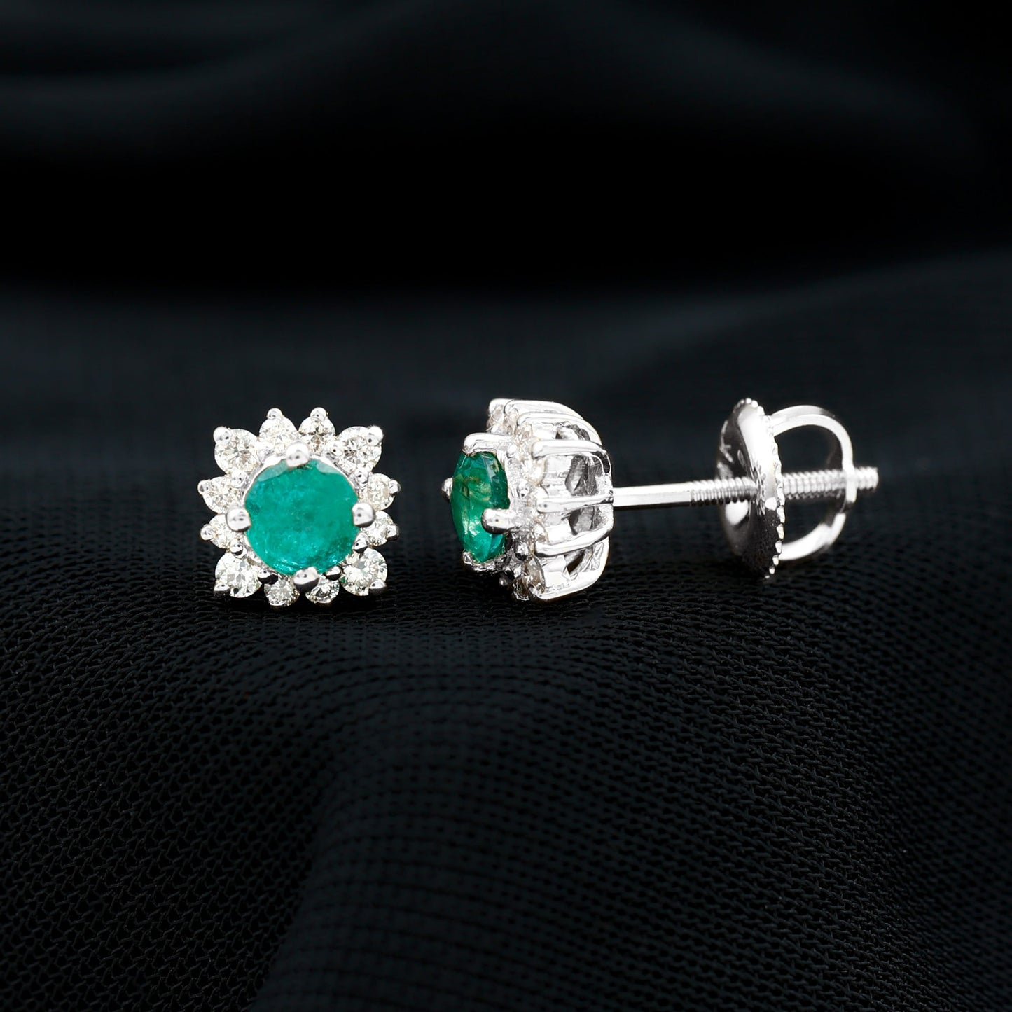 Real Emerald Stud Earrings with Diamond Halo