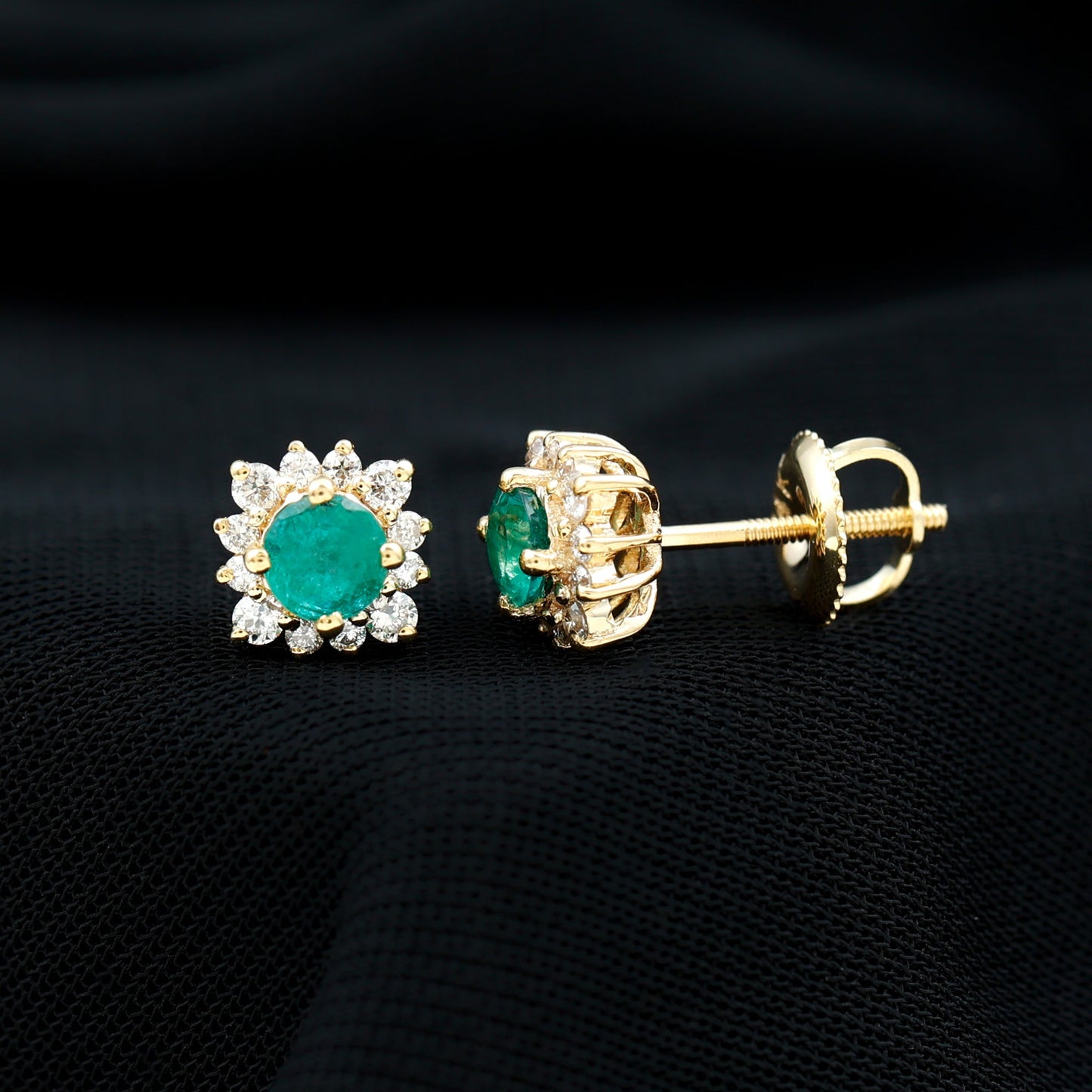 Real Emerald Stud Earrings with Diamond Halo