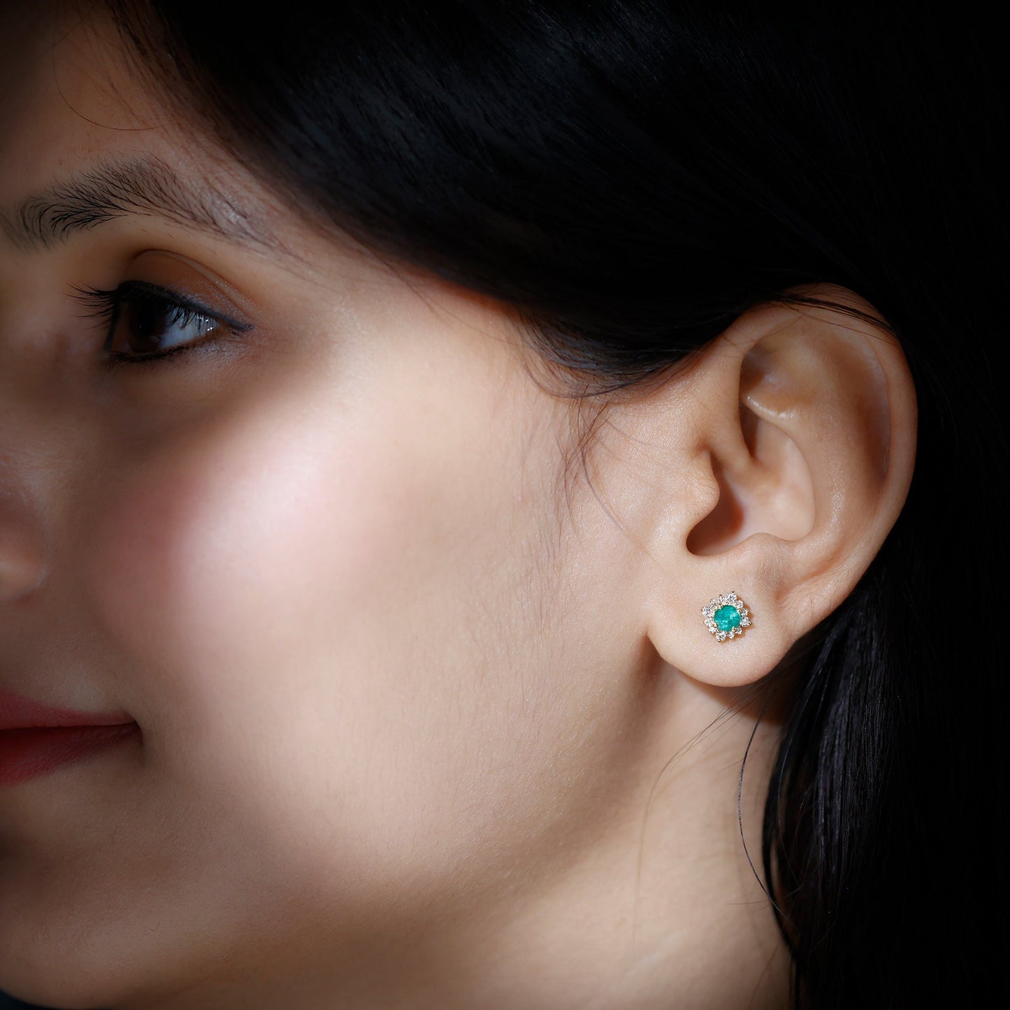 Real Emerald Stud Earrings with Diamond Halo