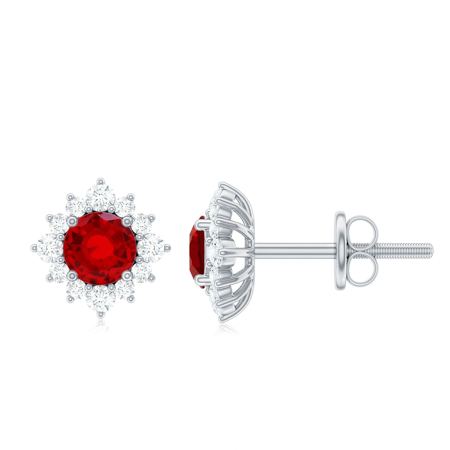 0.6 Carat Lab Grown Ruby Classic Stud Earrings with Diamond Halo