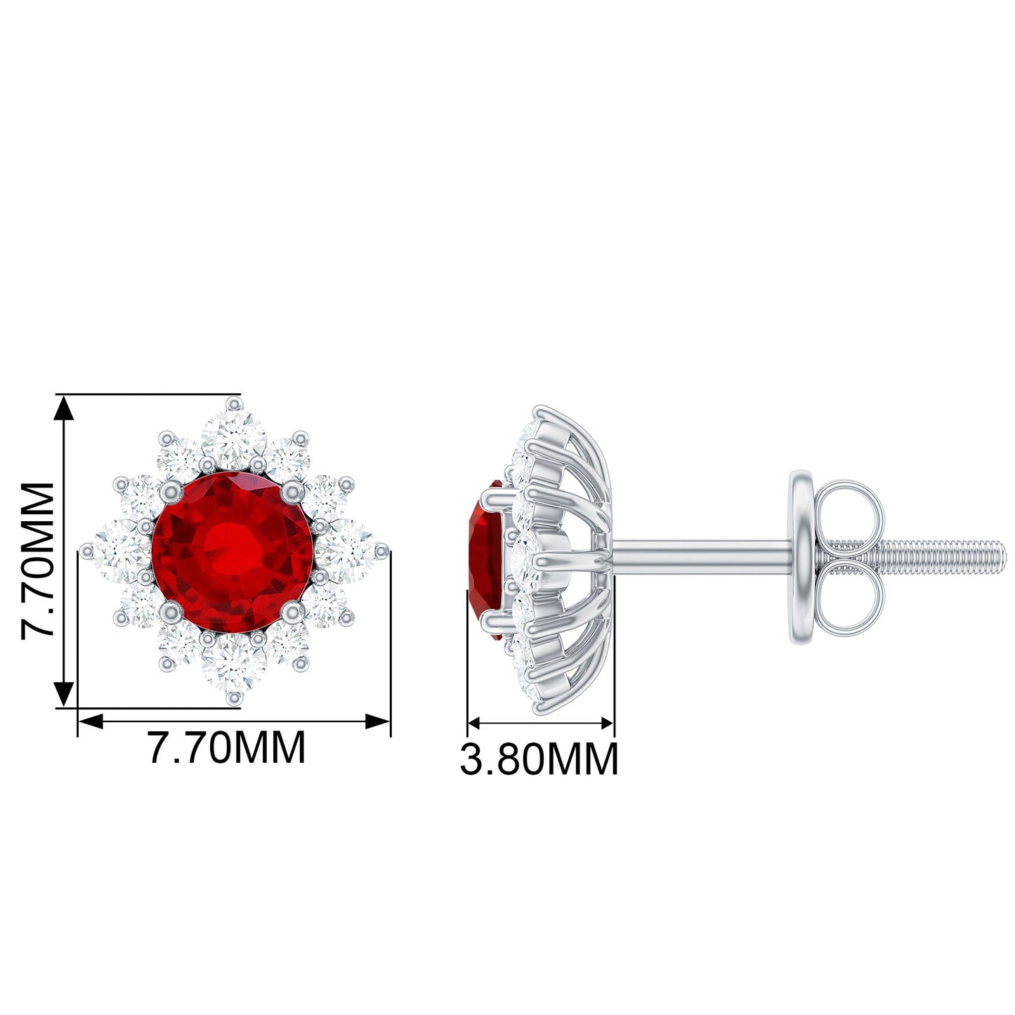 0.6 Carat Lab Grown Ruby Classic Stud Earrings with Diamond Halo