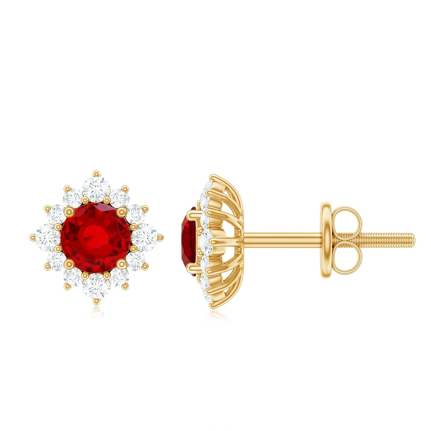 0.6 Carat Lab Grown Ruby Classic Stud Earrings with Diamond Halo