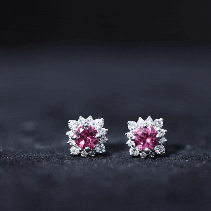 Round Pink Tourmaline Stud Earrings with Diamond Halo