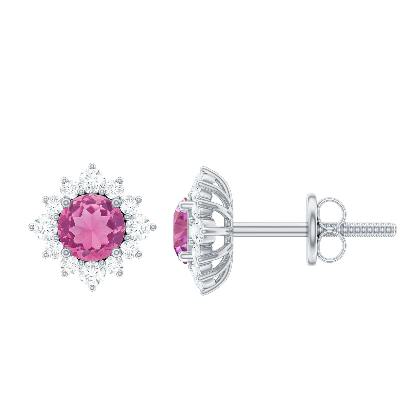 Round Pink Tourmaline Stud Earrings with Diamond Halo