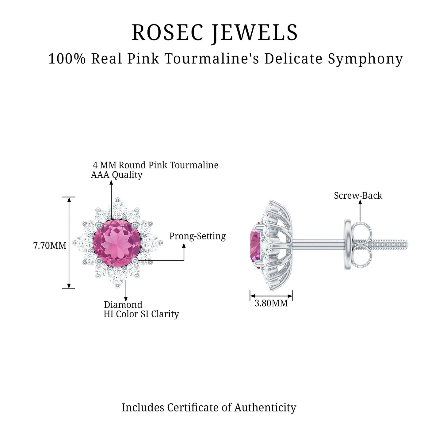 Round Pink Tourmaline Stud Earrings with Diamond Halo