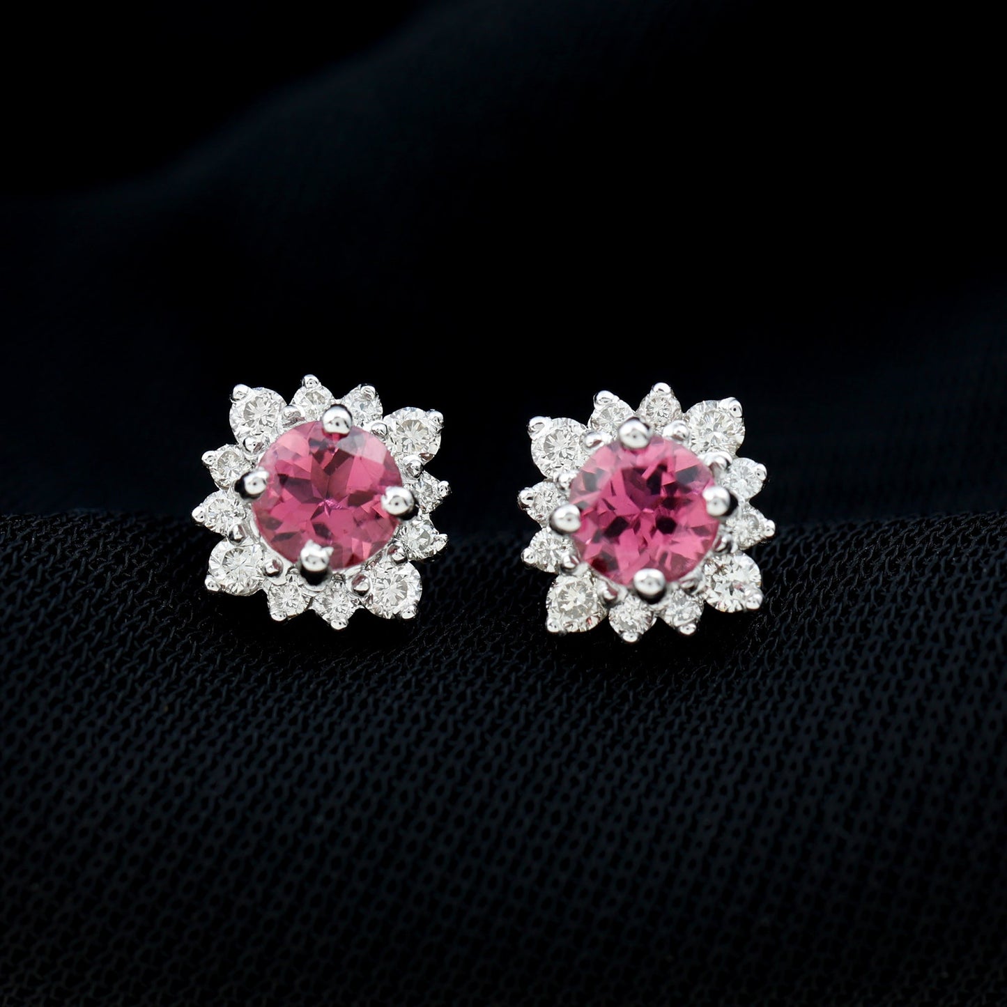 Round Pink Tourmaline Stud Earrings with Diamond Halo