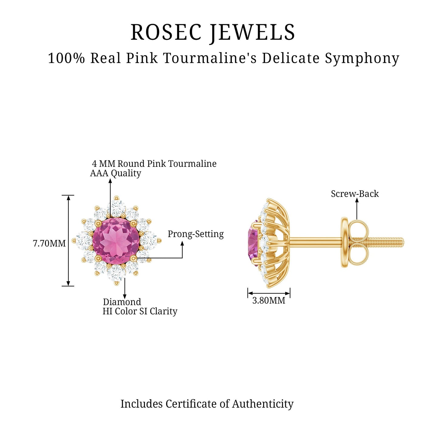 Round Pink Tourmaline Stud Earrings with Diamond Halo