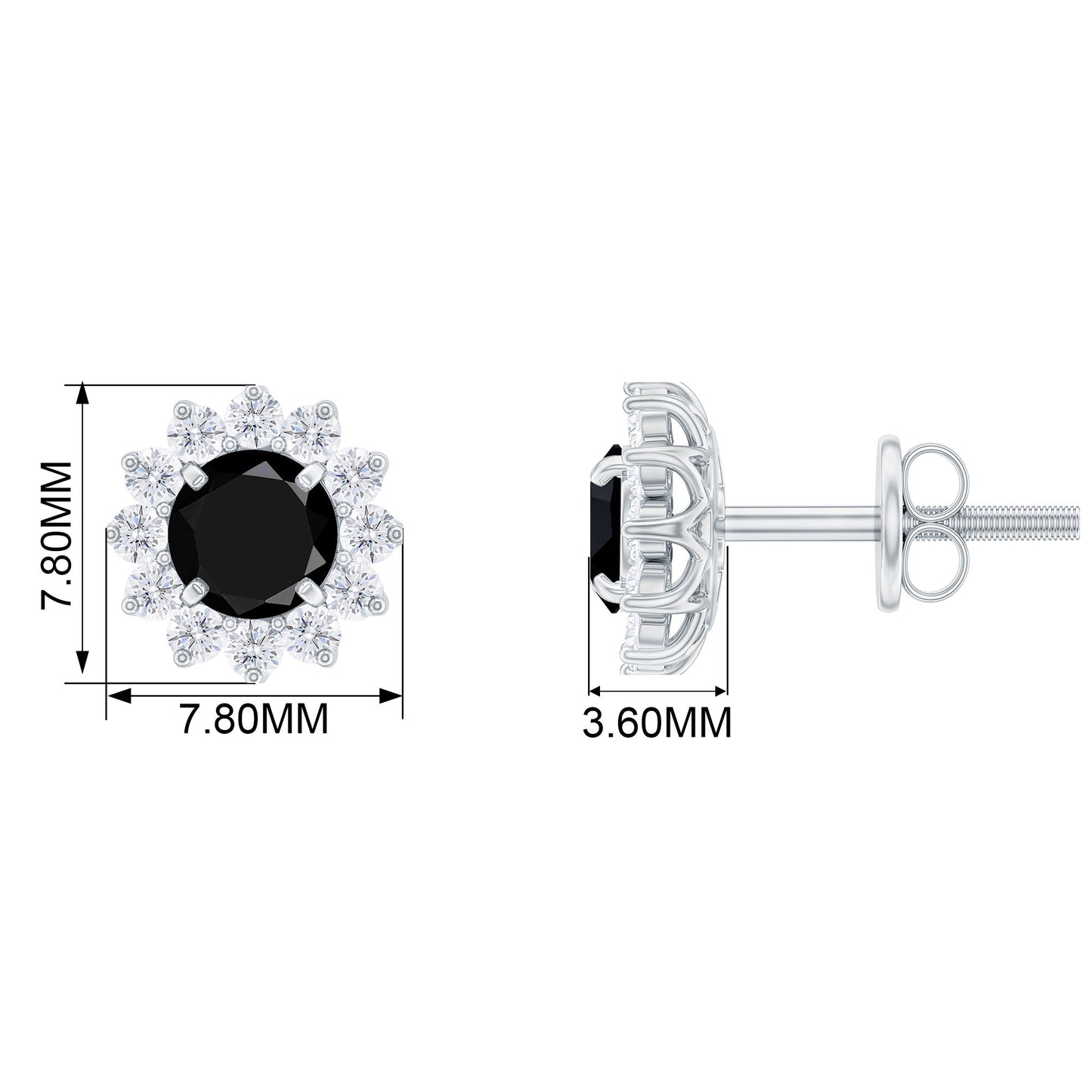 0.9 Carat Black Spinel and Diamond Classic Halo Stud Earrings