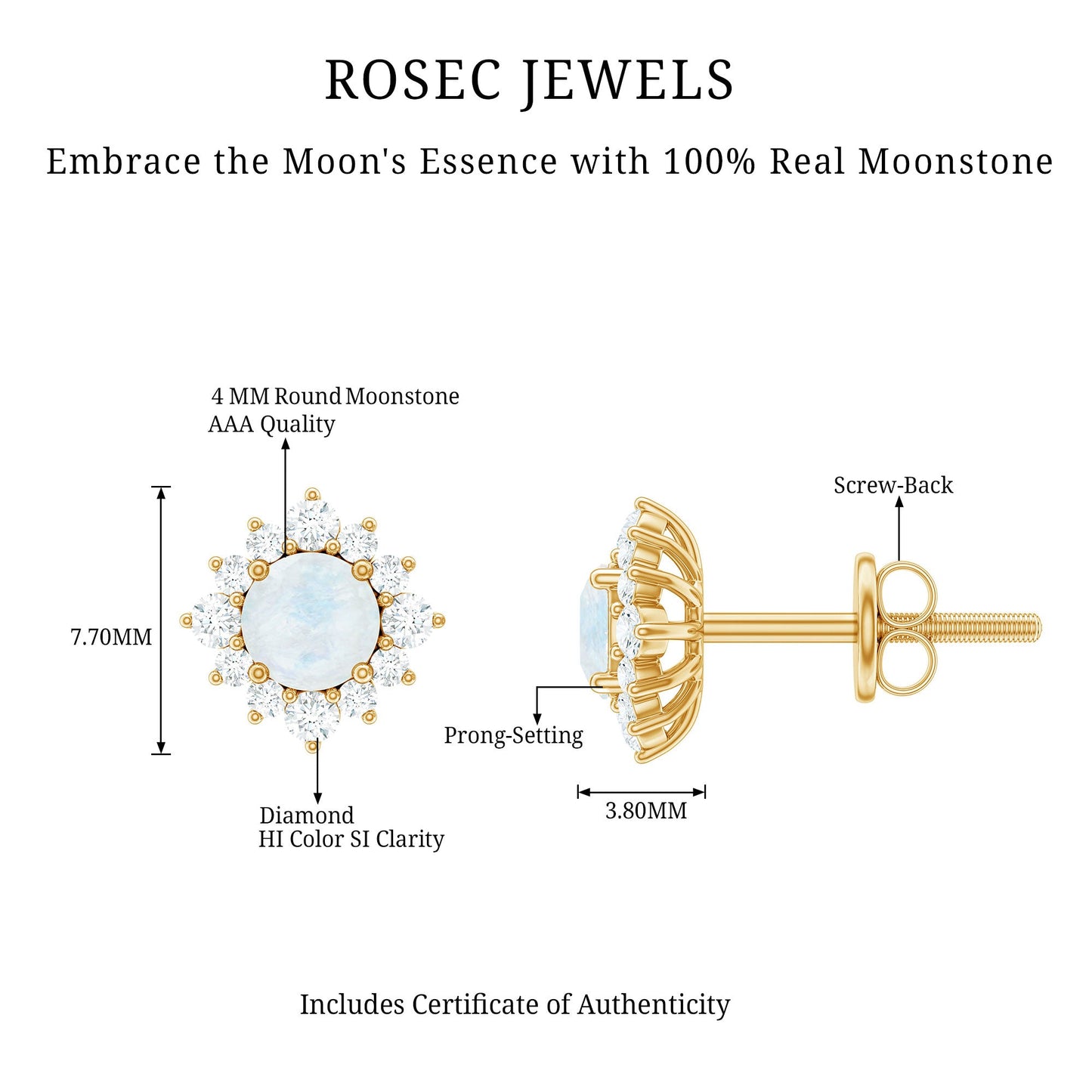 Classic Moonstone Stud Earrings with Diamond Halo