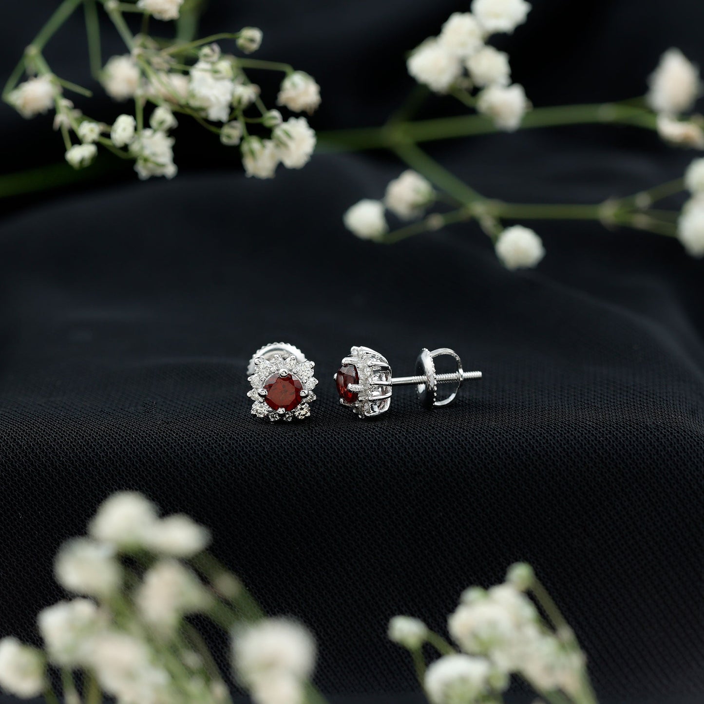 0.6 Carat Garnet Classic Stud Earrings with Diamond Halo