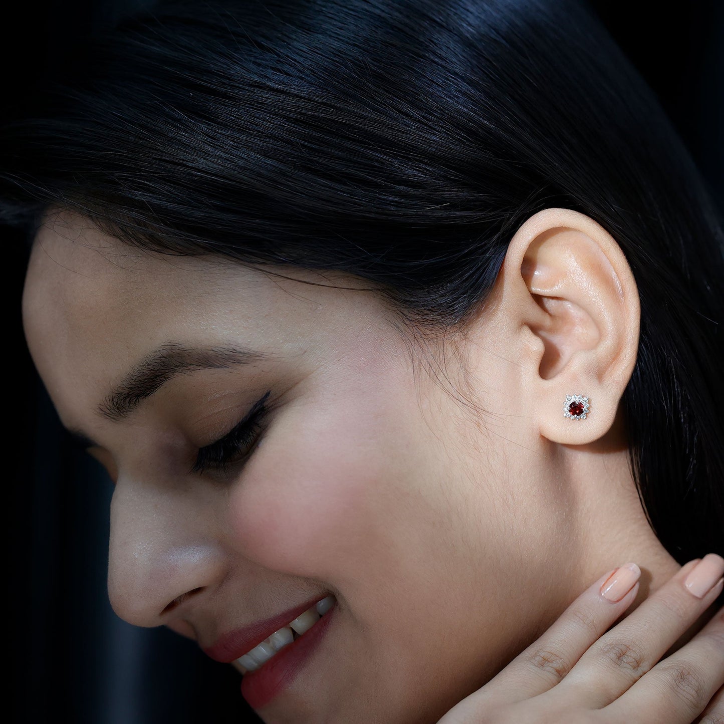 0.6 Carat Garnet Classic Stud Earrings with Diamond Halo
