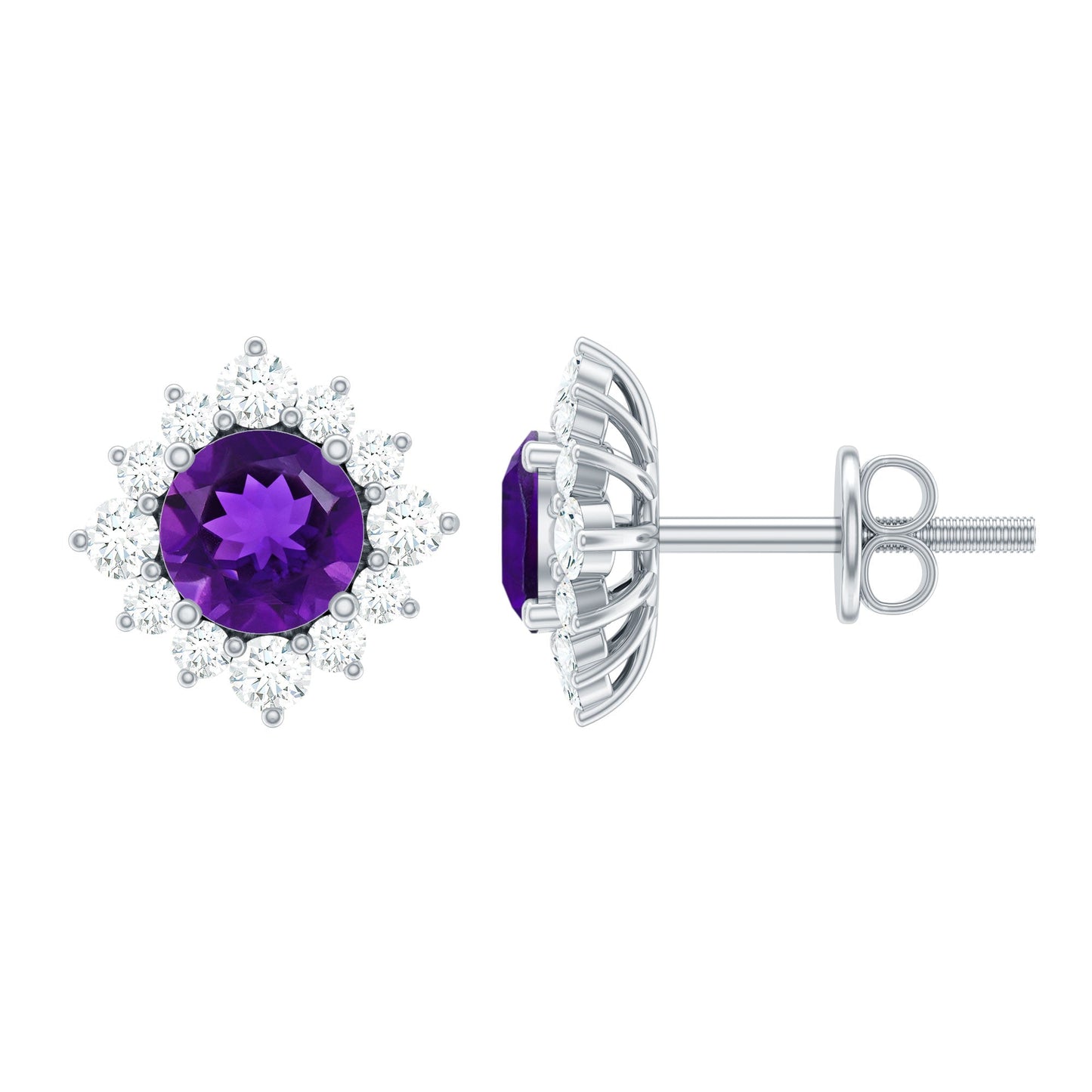 Genuine Amethyst Stud Earrings with Diamond Halo