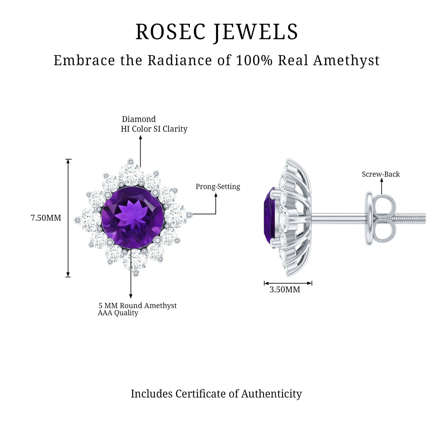 Genuine Amethyst Stud Earrings with Diamond Halo