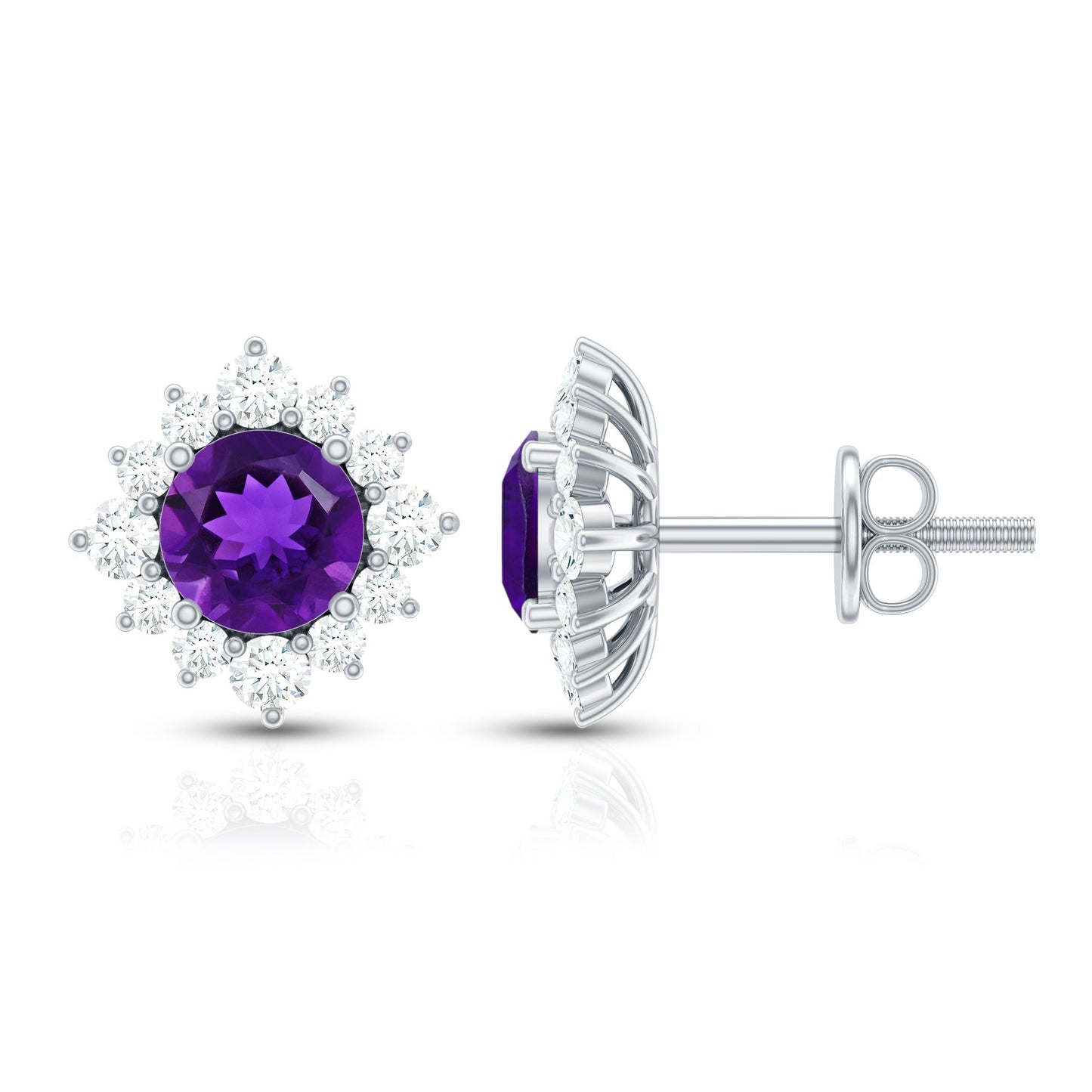 Genuine Amethyst Stud Earrings with Diamond Halo