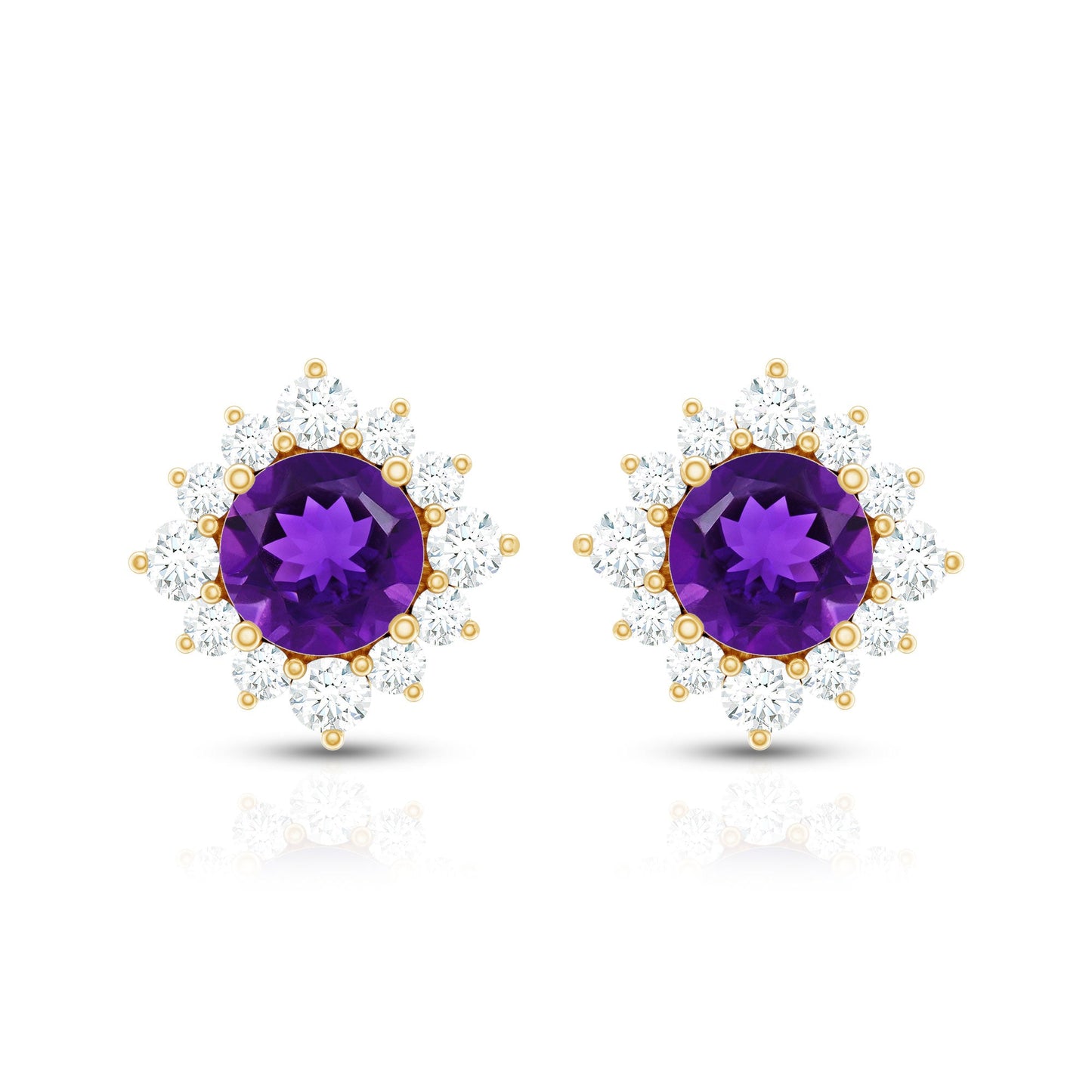 Genuine Amethyst Stud Earrings with Diamond Halo