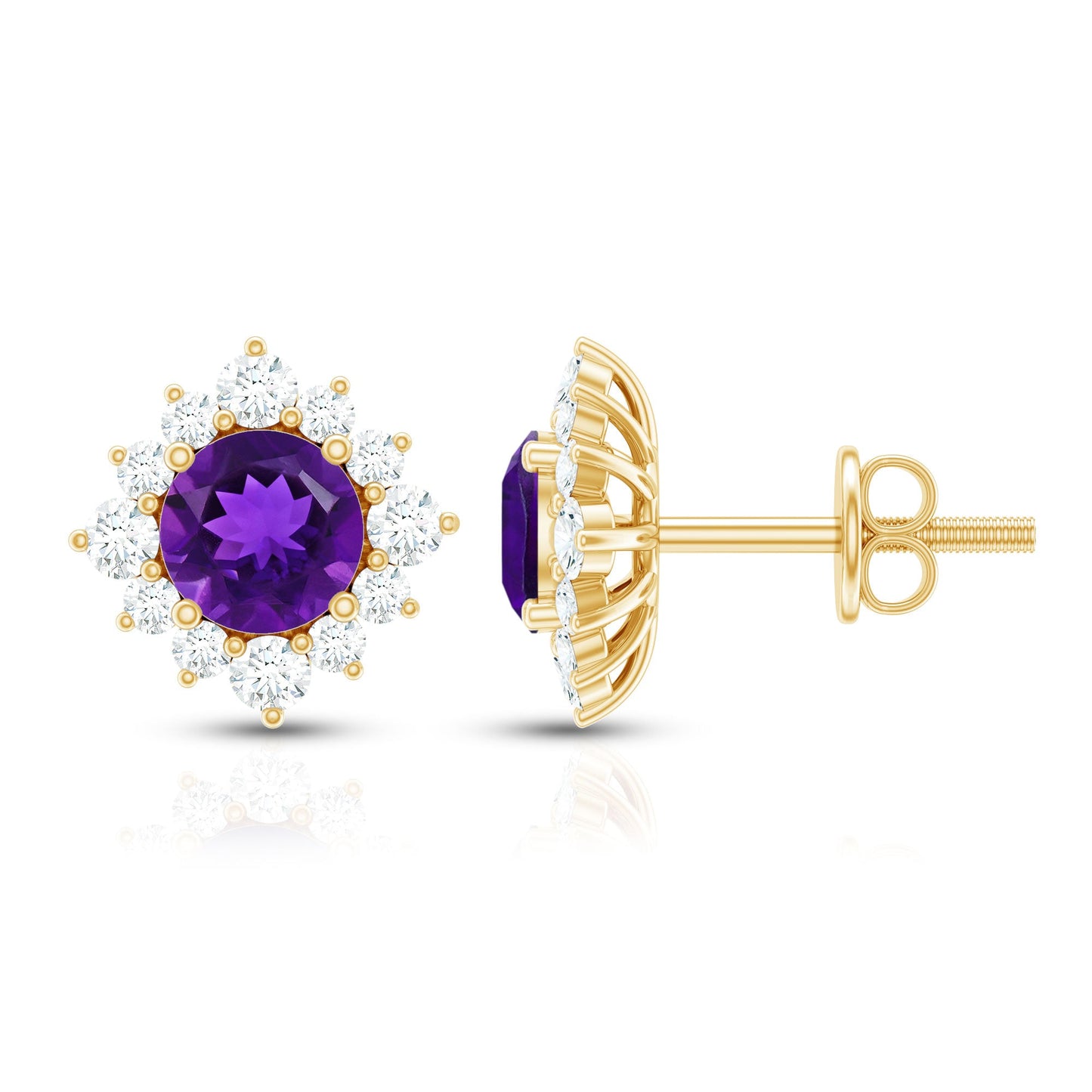 Genuine Amethyst Stud Earrings with Diamond Halo