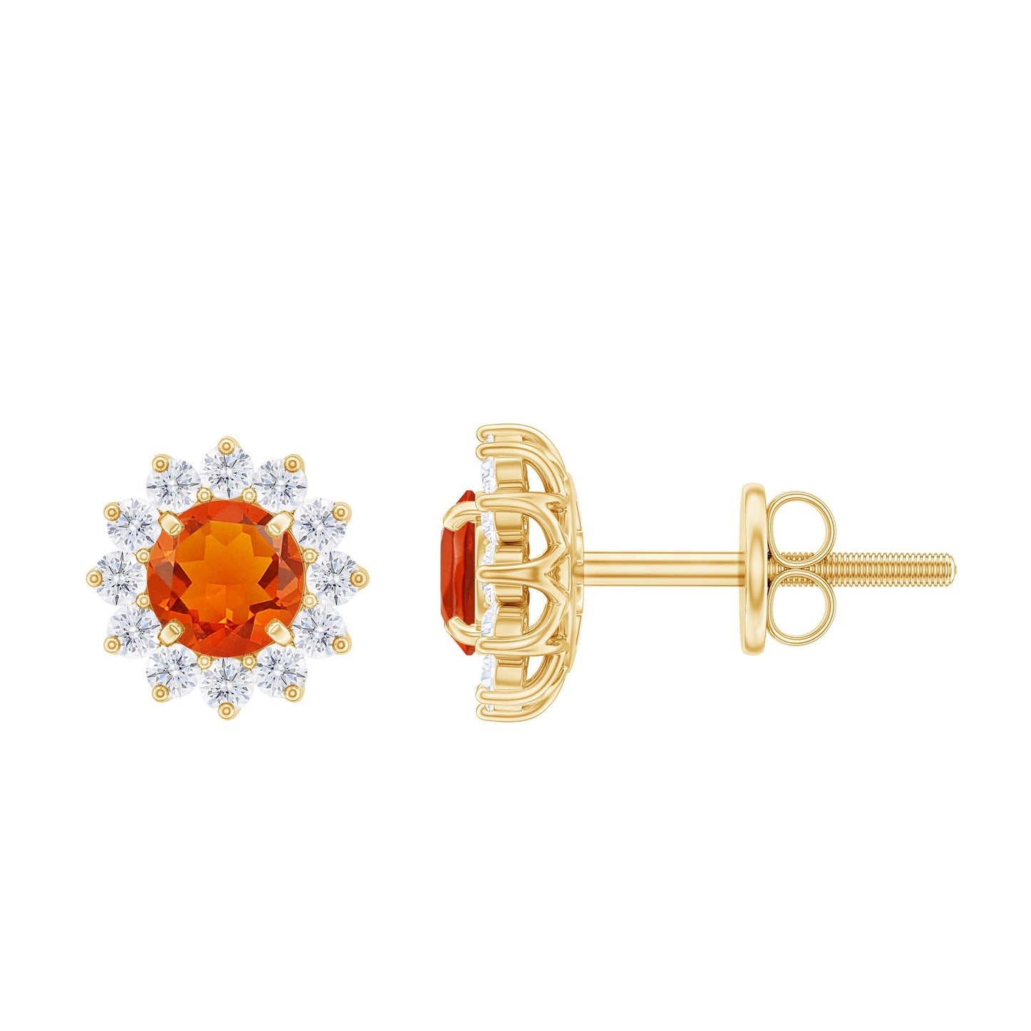 0.9 Carat Classic Fire Opal Stud Earrings with Diamond Halo