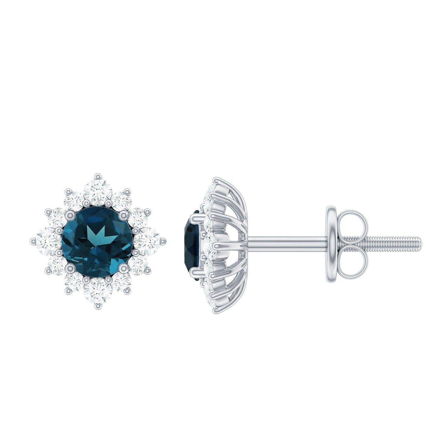 1.2 Carat Classic London Blue Topaz Stud Earrings with Diamond Halo