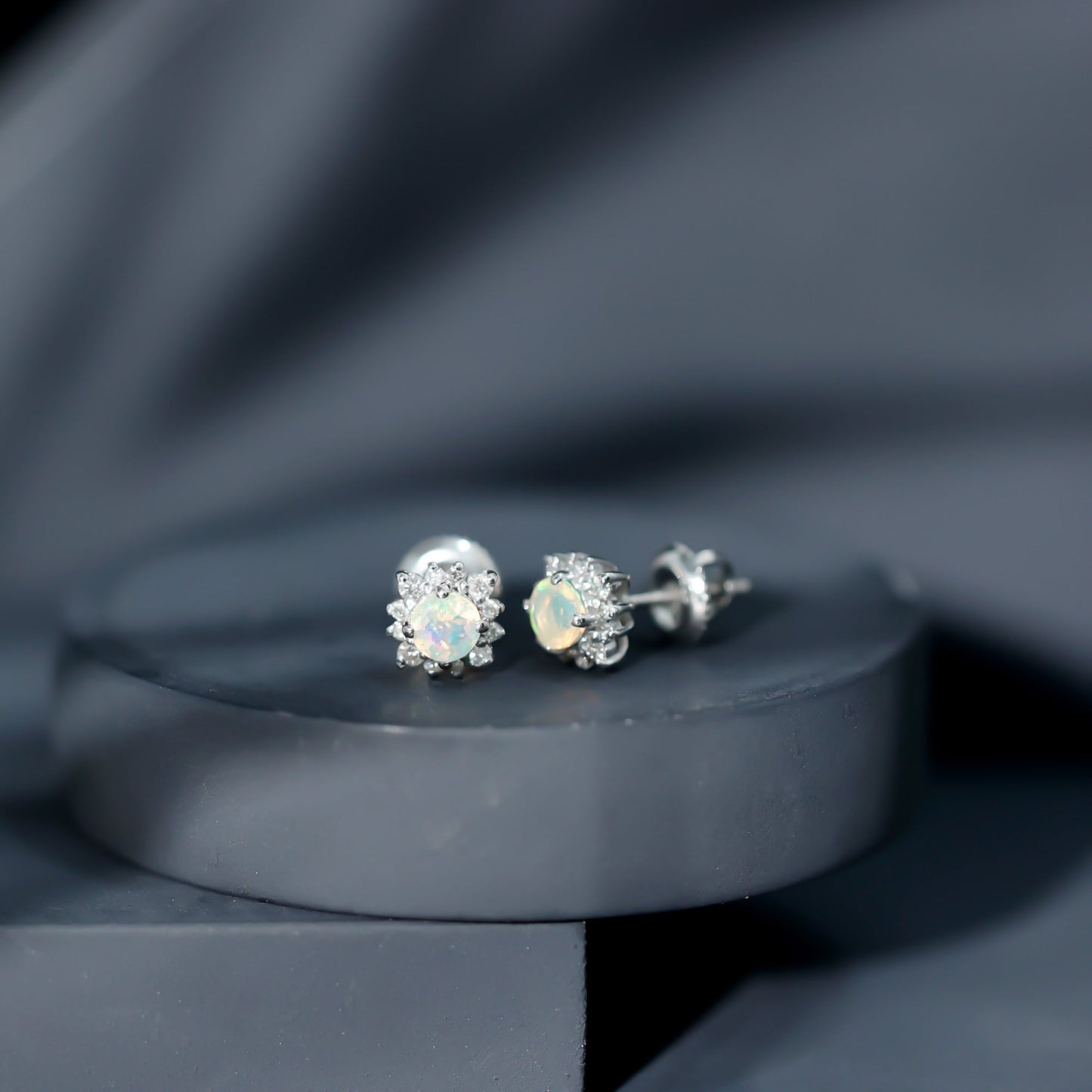 Classic Ethiopian Opal Stud Earrings with Diamond Halo