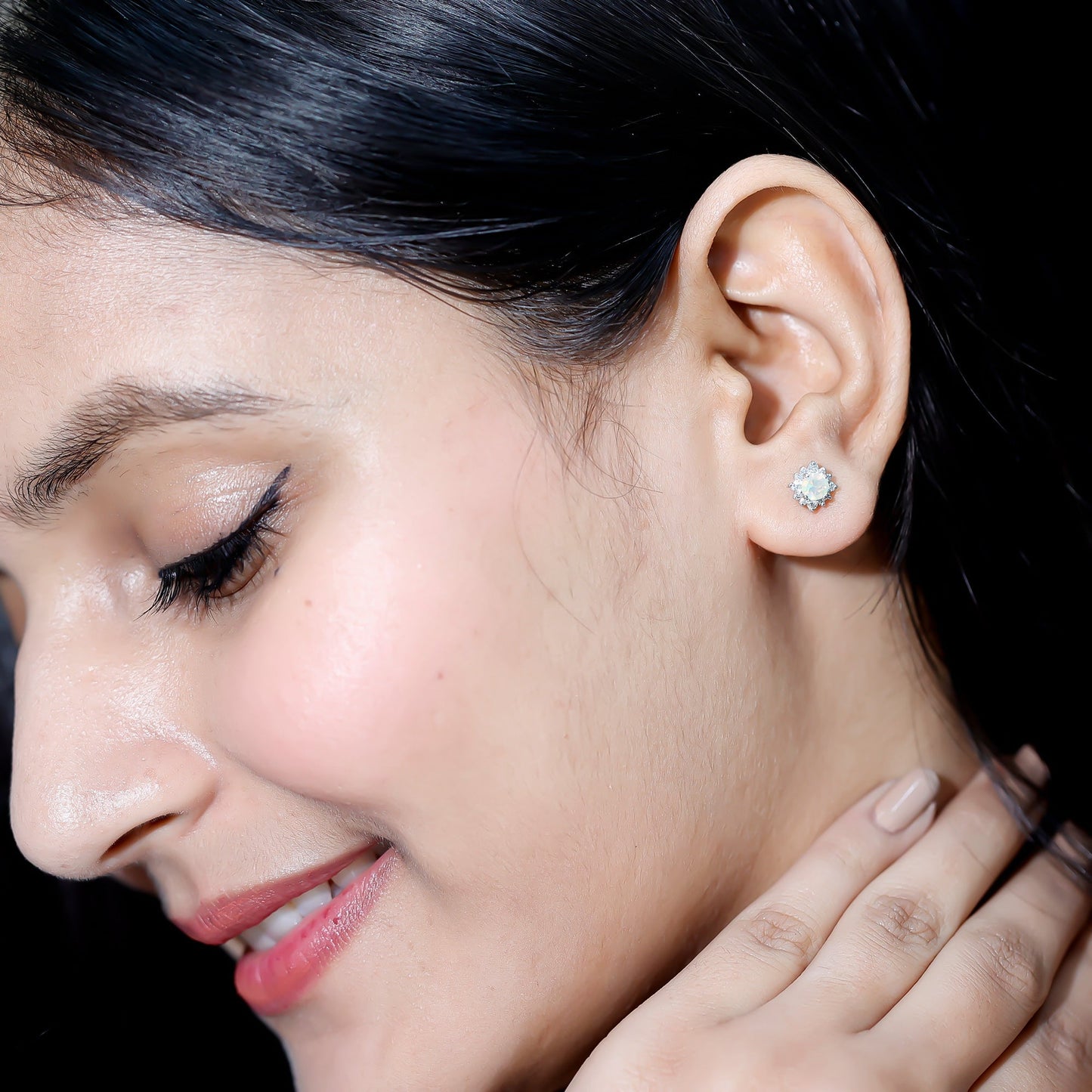 Classic Ethiopian Opal Stud Earrings with Diamond Halo