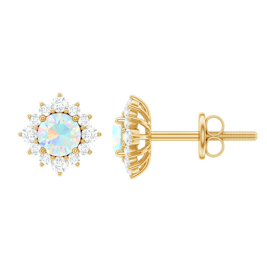 Classic Ethiopian Opal Stud Earrings with Diamond Halo