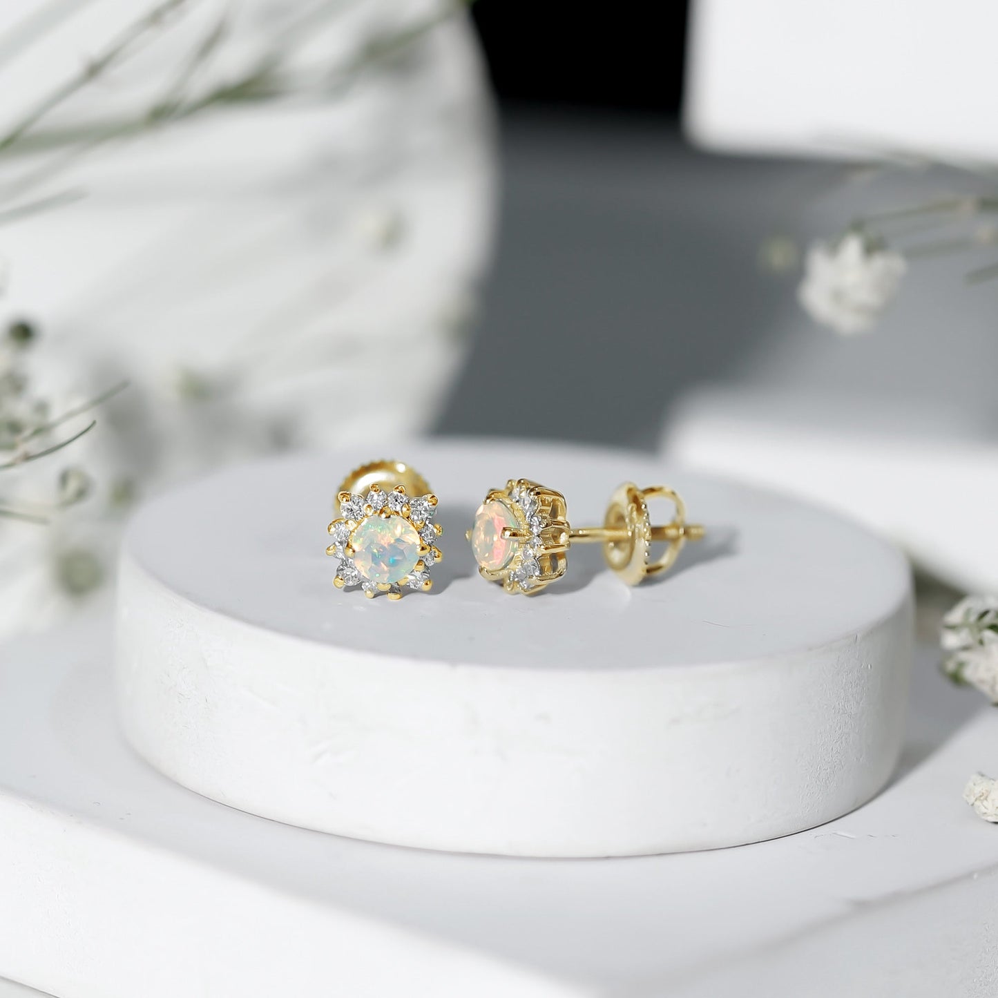 Classic Ethiopian Opal Stud Earrings with Diamond Halo