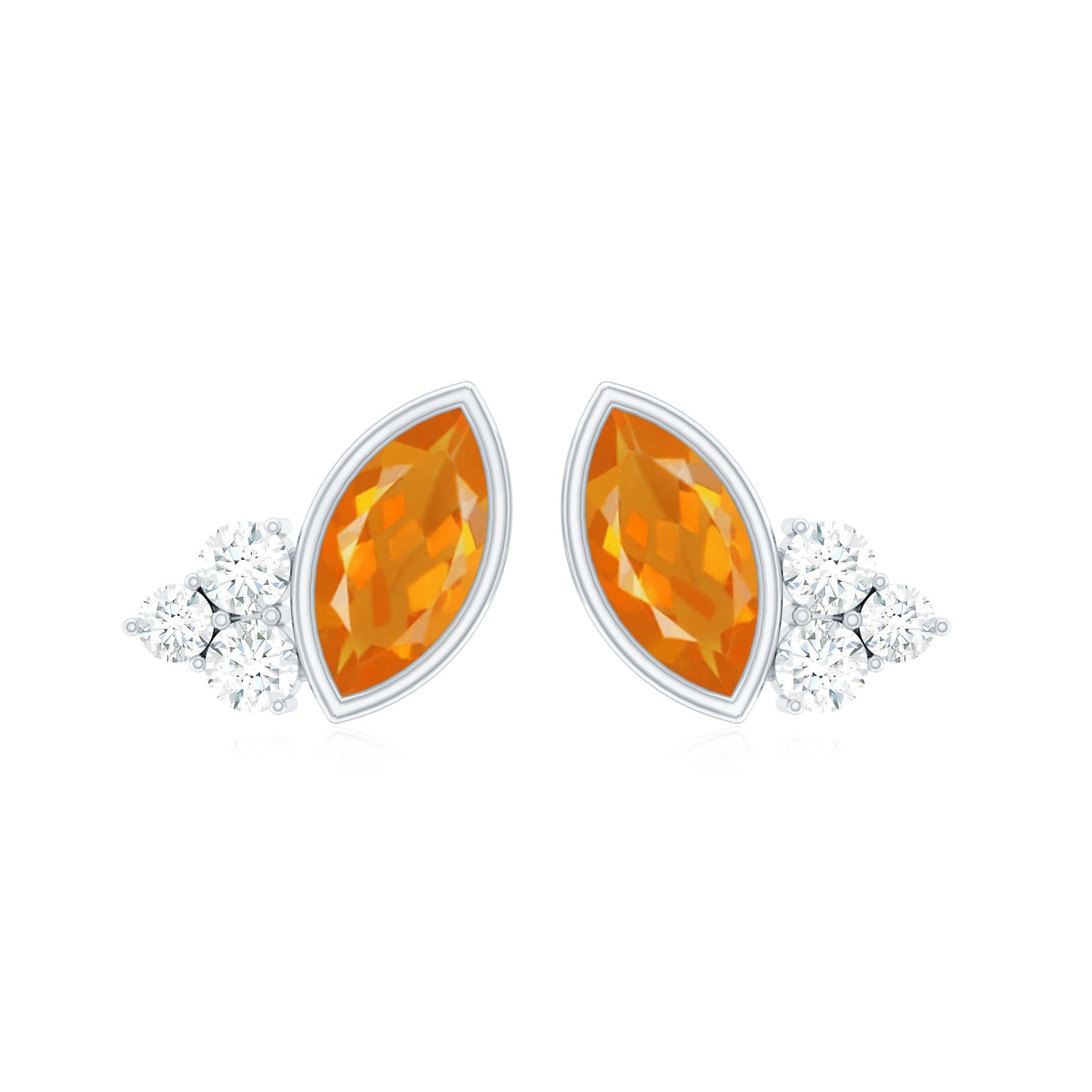 Marquise Cut Fire Opal Stud Earrings with Diamond Trio