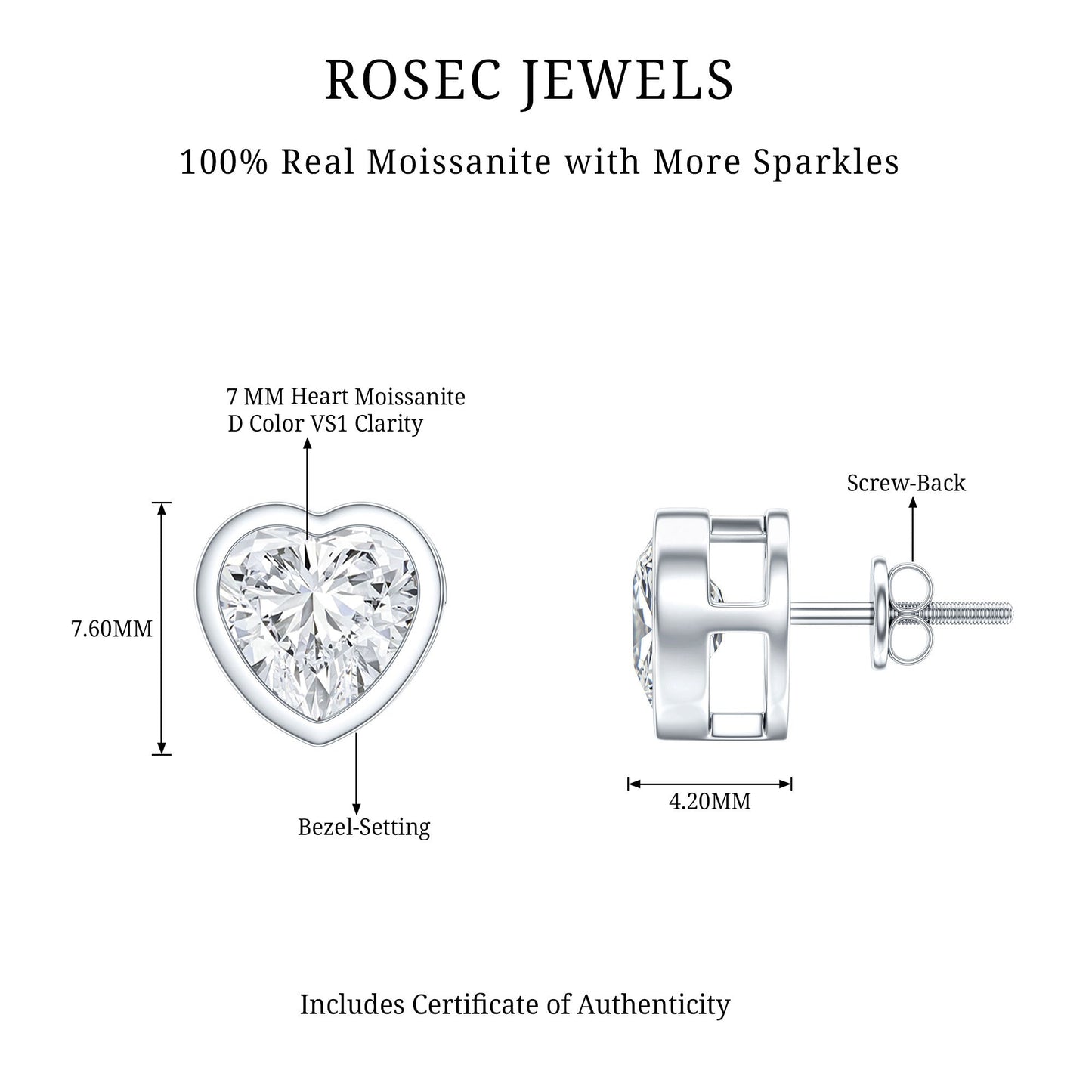 3 Carat Moissanite Heart Stud Earrings in Bezel Setting