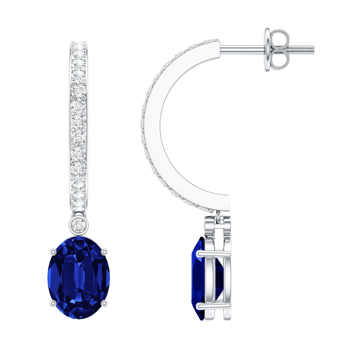 Oval Lab Created Blue Sapphire and Moissanite Hoop Drop Earrings
