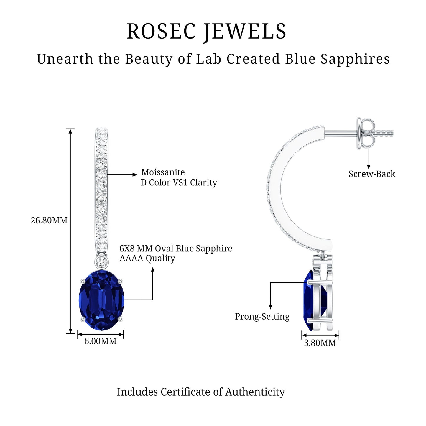 Oval Lab Created Blue Sapphire and Moissanite Hoop Drop Earrings