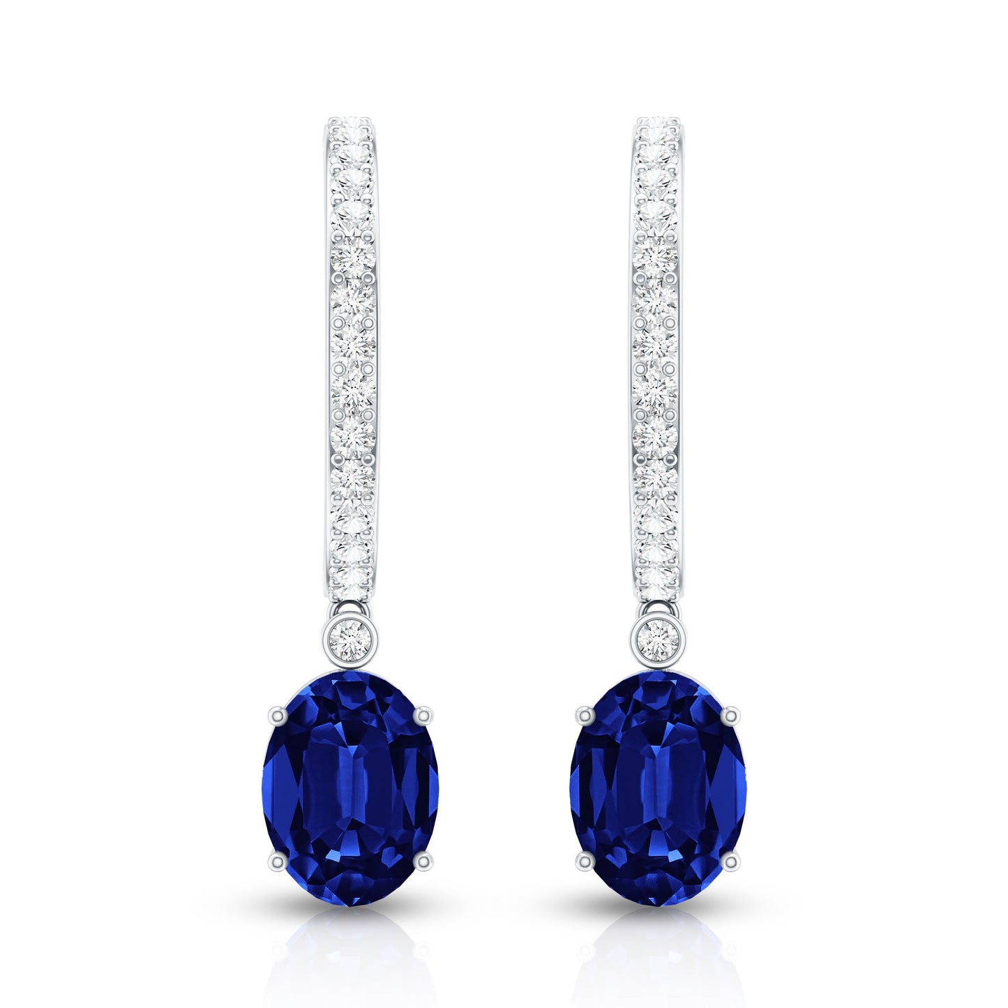 Oval Lab Created Blue Sapphire and Moissanite Hoop Drop Earrings