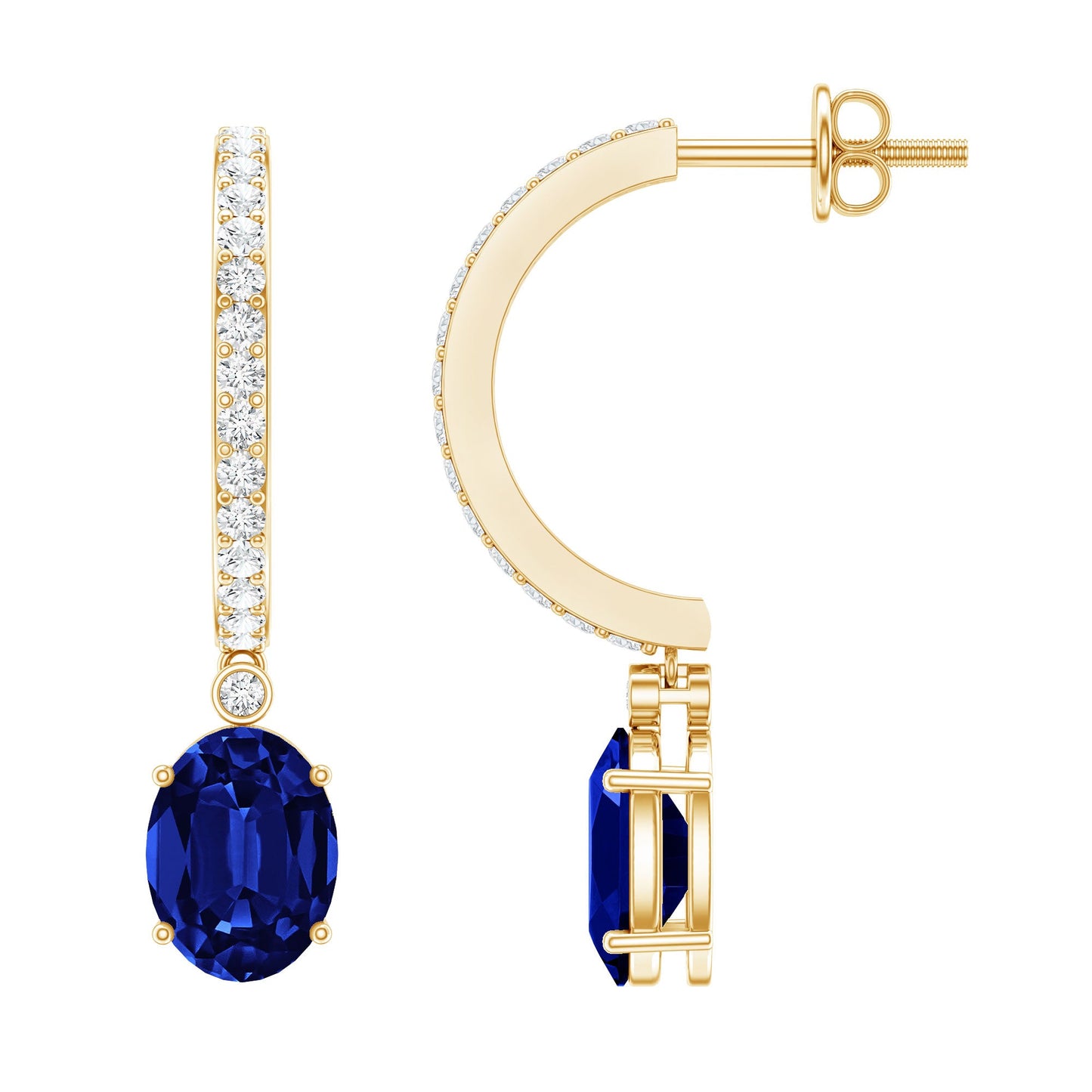 Oval Lab Created Blue Sapphire and Moissanite Hoop Drop Earrings