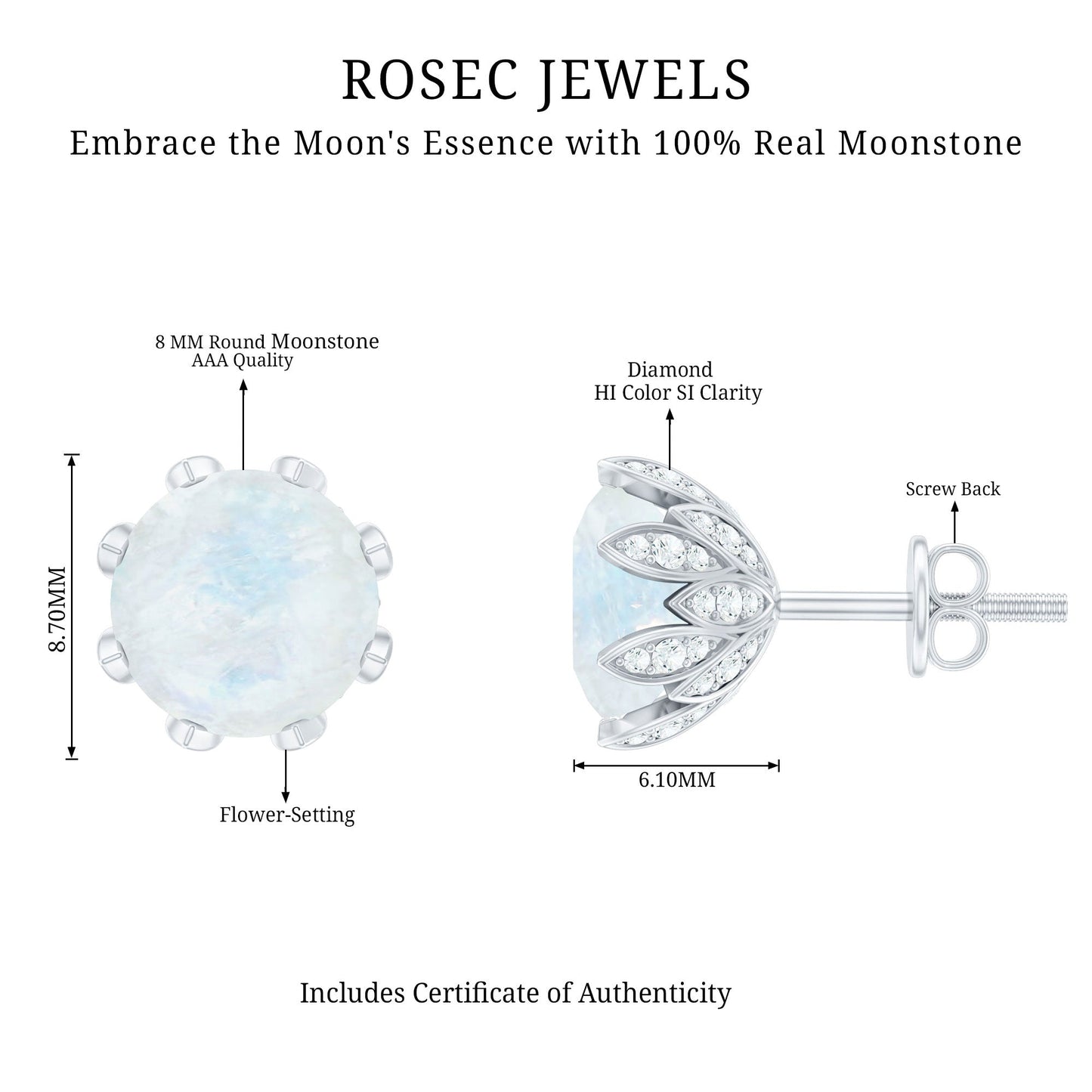 Natural 1.7 Carat Moonstone Stud Earrings with Diamond