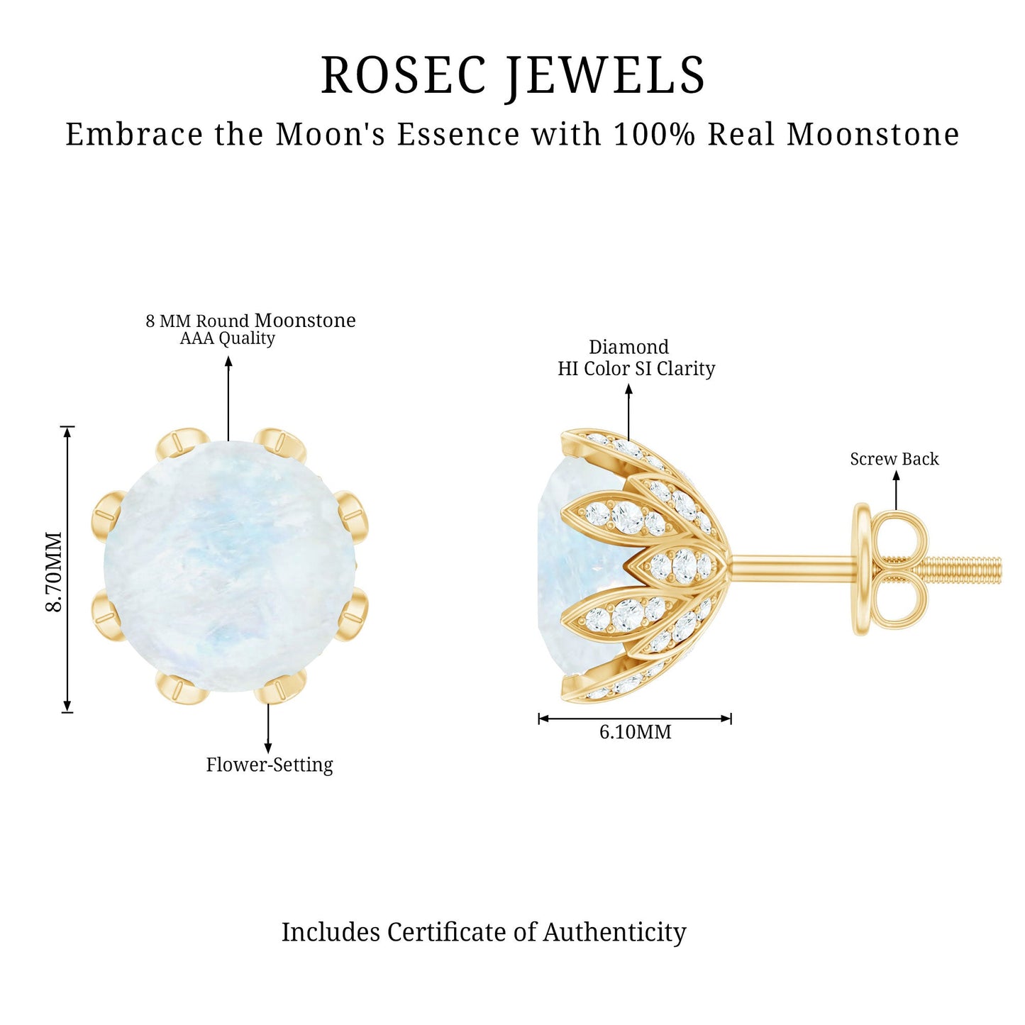 Natural 1.7 Carat Moonstone Stud Earrings with Diamond