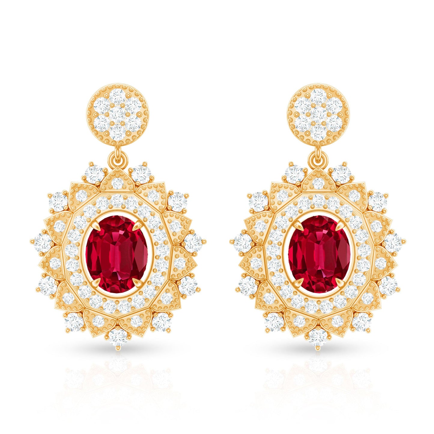 Vintage Lab Created Ruby Bridal Drop Earrings with Diamonds
