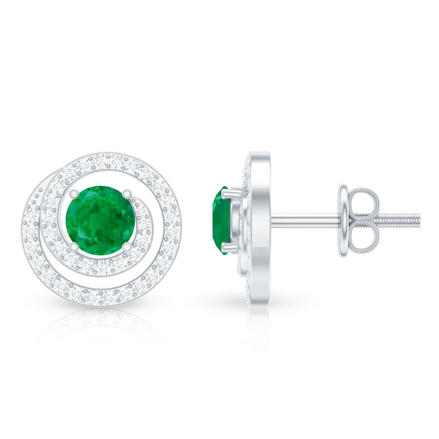 Natural Emerald Diamond Swirl Earrings with Screw Back
