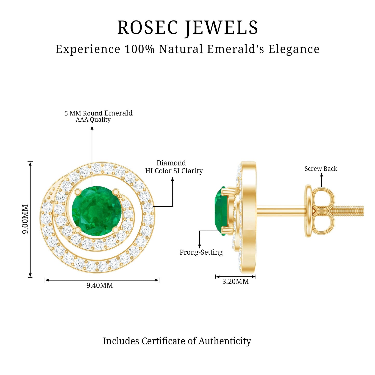 Natural Emerald Diamond Swirl Earrings with Screw Back