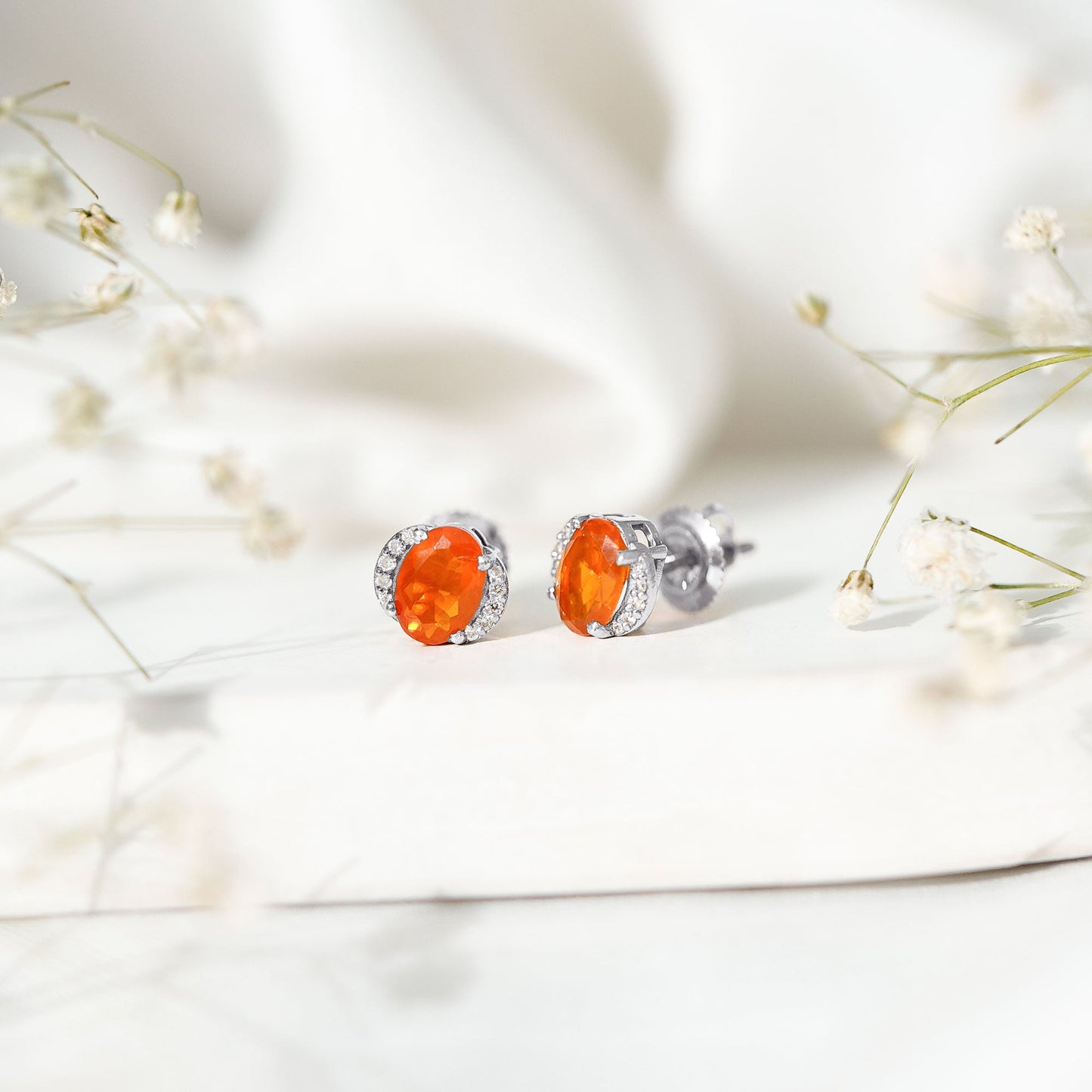 Orange Fire Opal Solitaire Stud Earrings with Diamond