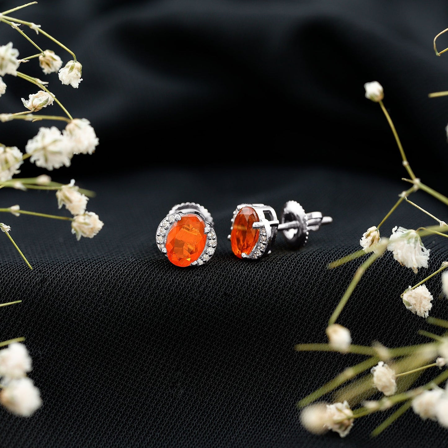 Orange Fire Opal Solitaire Stud Earrings with Diamond