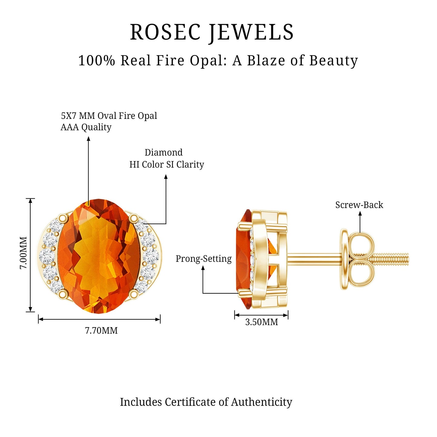 Orange Fire Opal Solitaire Stud Earrings with Diamond