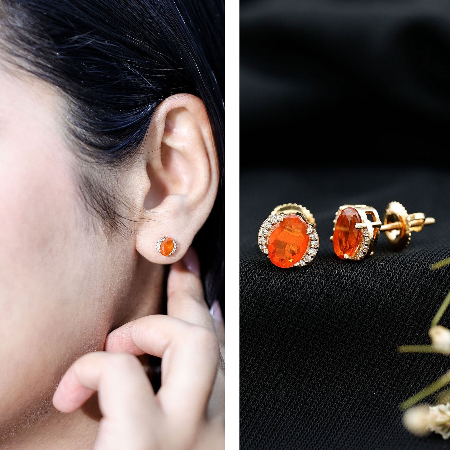 Orange Fire Opal Solitaire Stud Earrings with Diamond