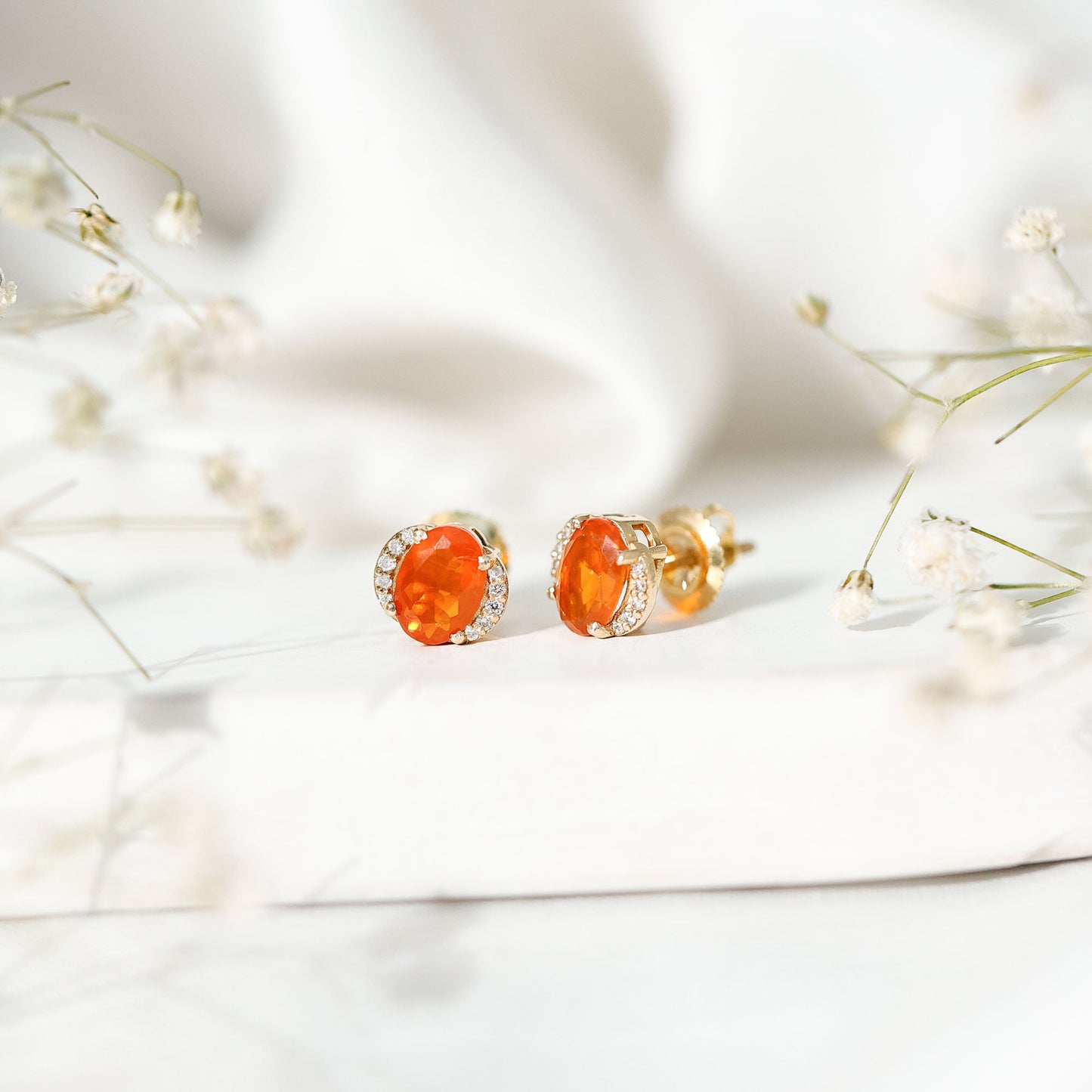 Orange Fire Opal Solitaire Stud Earrings with Diamond