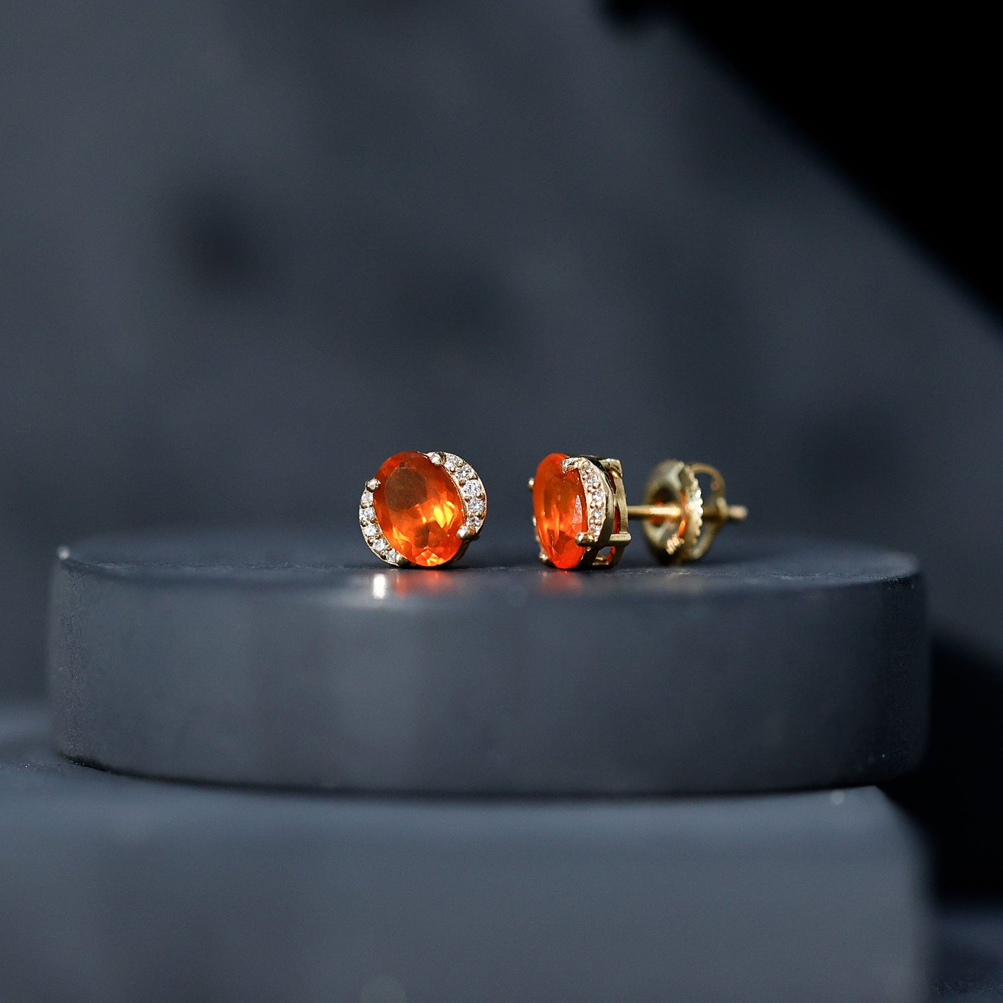 Orange Fire Opal Solitaire Stud Earrings with Diamond