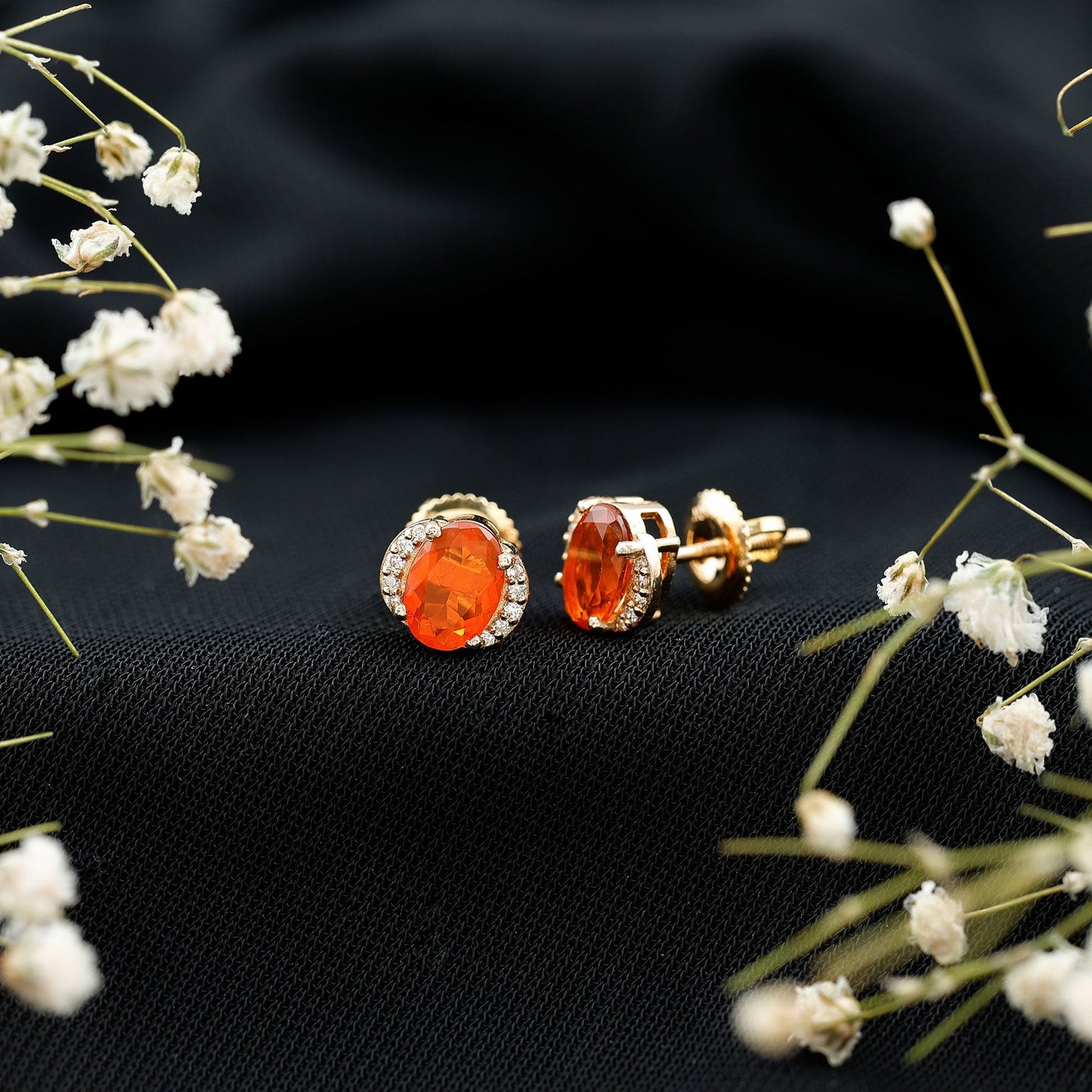 Orange Fire Opal Solitaire Stud Earrings with Diamond