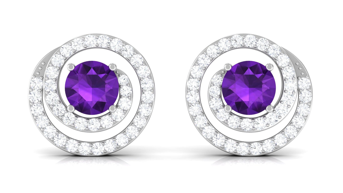 Natural Amethyst Diamond Swirl Earrings with Screw Back