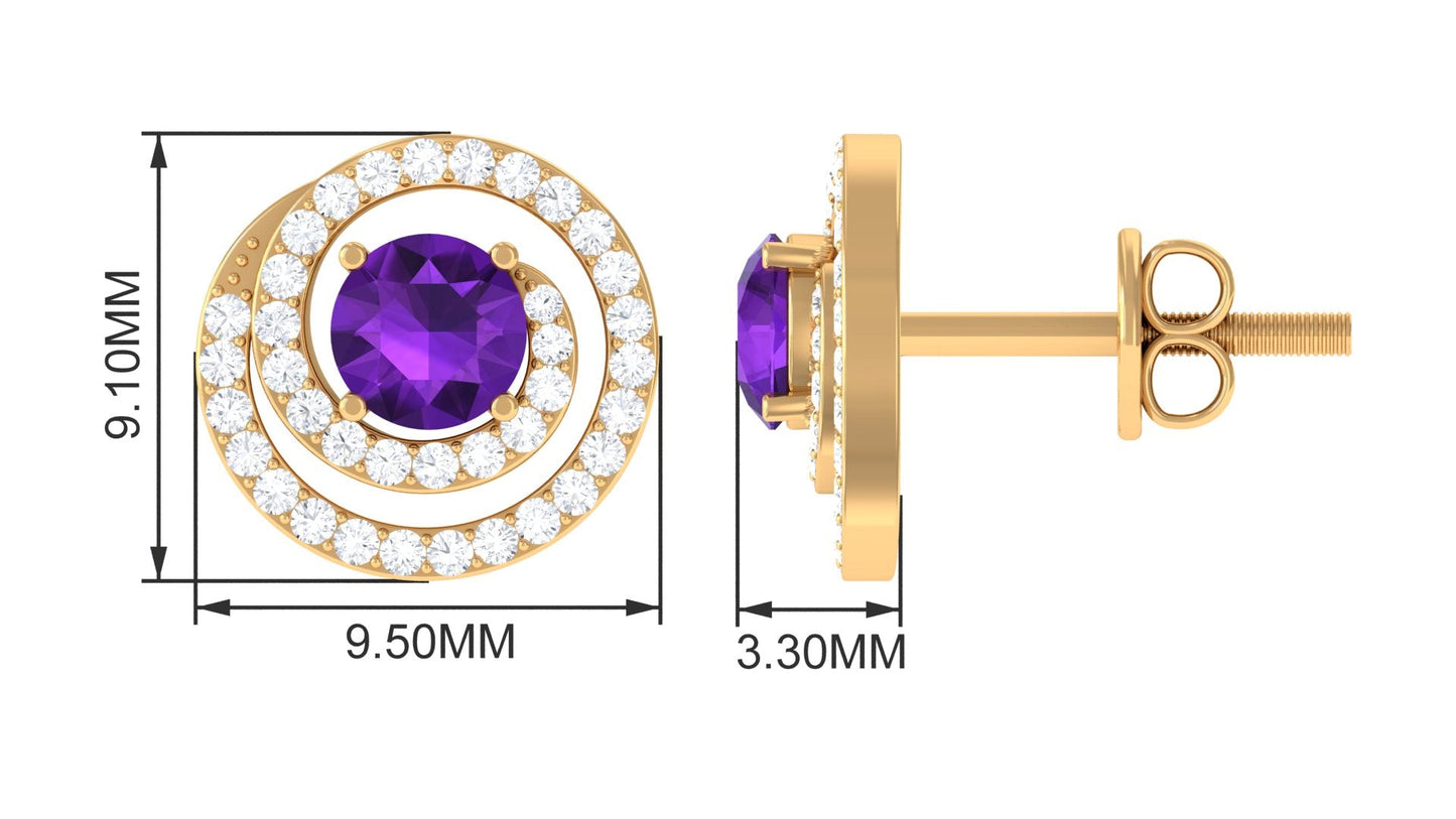 Natural Amethyst Diamond Swirl Earrings with Screw Back