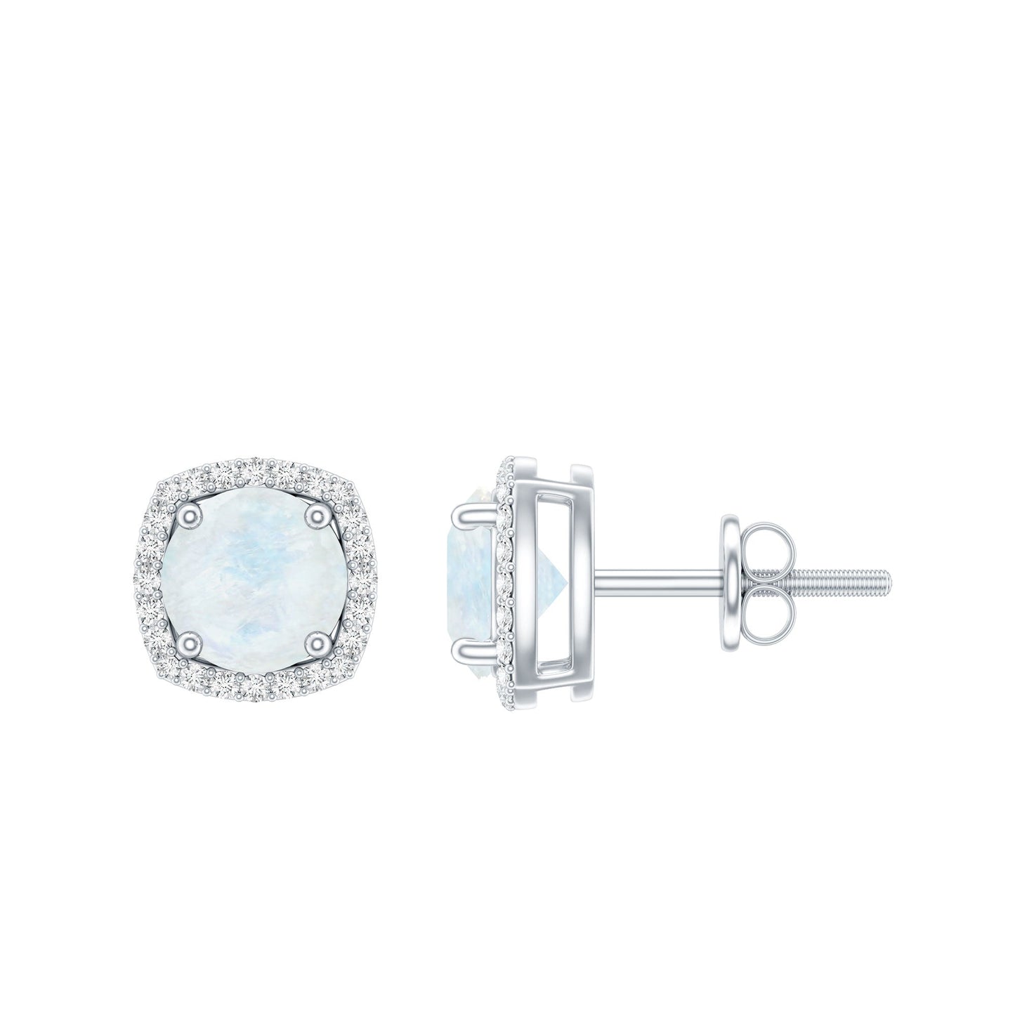 Natural 0.7 Carat Moonstone Stud Earrings with Diamond Halo