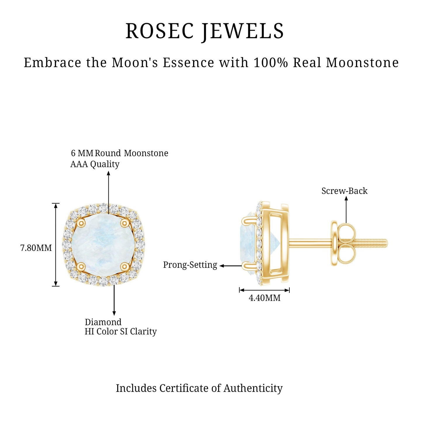 Natural 0.7 Carat Moonstone Stud Earrings with Diamond Halo