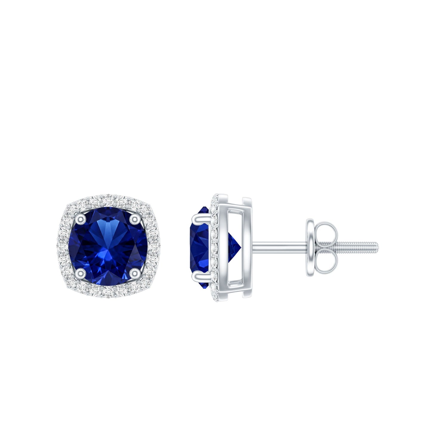 Certified Lab Grown Blue Sapphire and Diamond Halo Stud Earrings